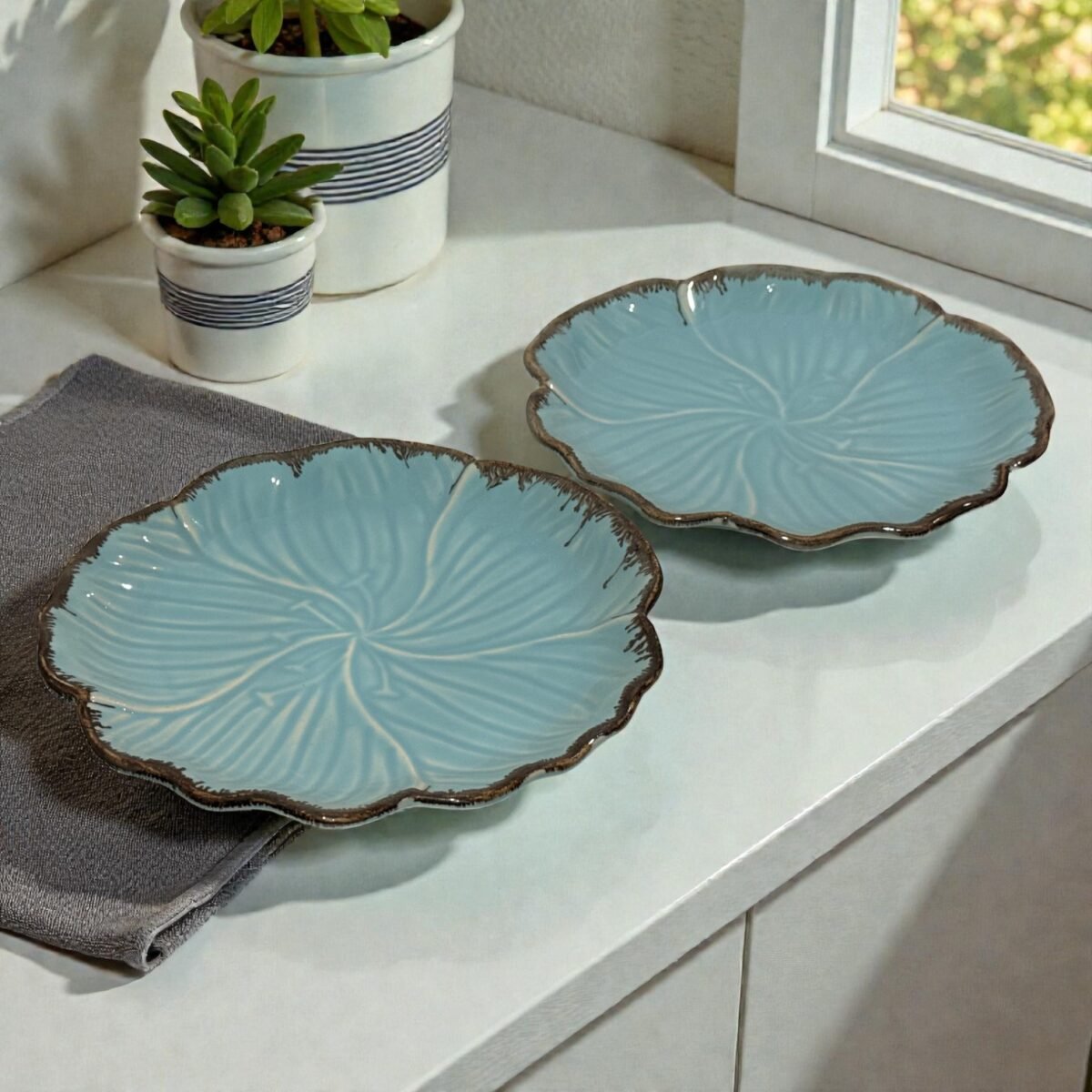 Teal Edgestone LotusCraft Dinner Plates – Set of 2 (10 Inch) by Harmiche