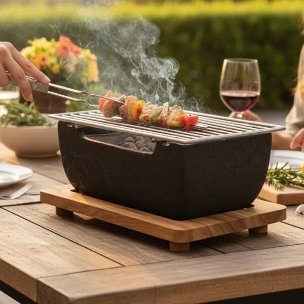 Harmiche KuroForge XL Japanese Tabletop Charcoal Grill – Textured Aluminum BBQ with SS Grill & Wooden Base | Tabletop Barbecue Grill/Barbeque Grill
