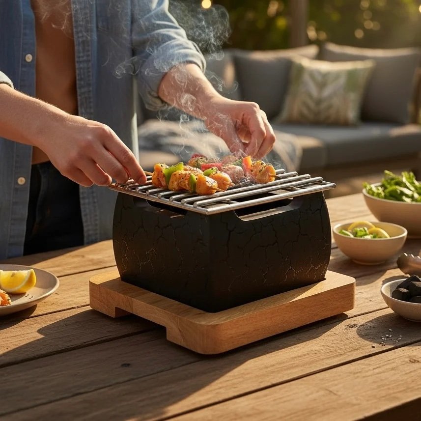 Harmiche KuroForge Japanese Tabletop Charcoal Grill – Aluminum Alloy Hibachi with SS Grill & Wooden Base | Tabletop Barbecue Grill/Barbeque Grill
