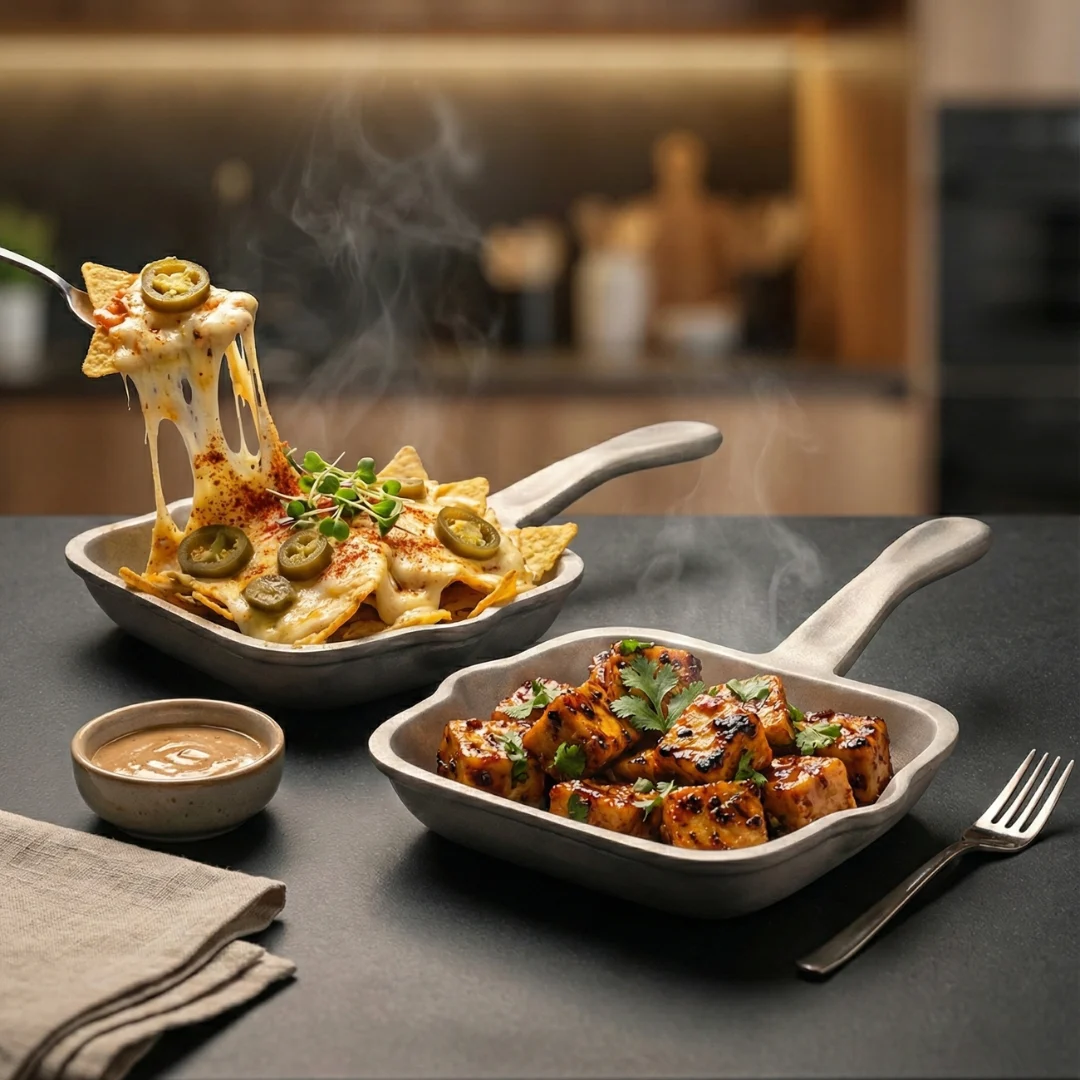 Harmiche SizzleSquare Hard Anodised Aluminium Mini Serving Pans with Handle – Set of 2 (18 × 13.5 cm)
