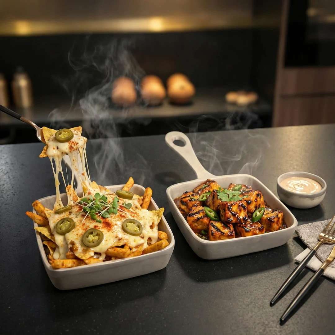 Harmiche SizzleCube Hard Anodised Aluminium Mini Square Servers with Handle – Set of 2 (13.5 × 13.5 cm)