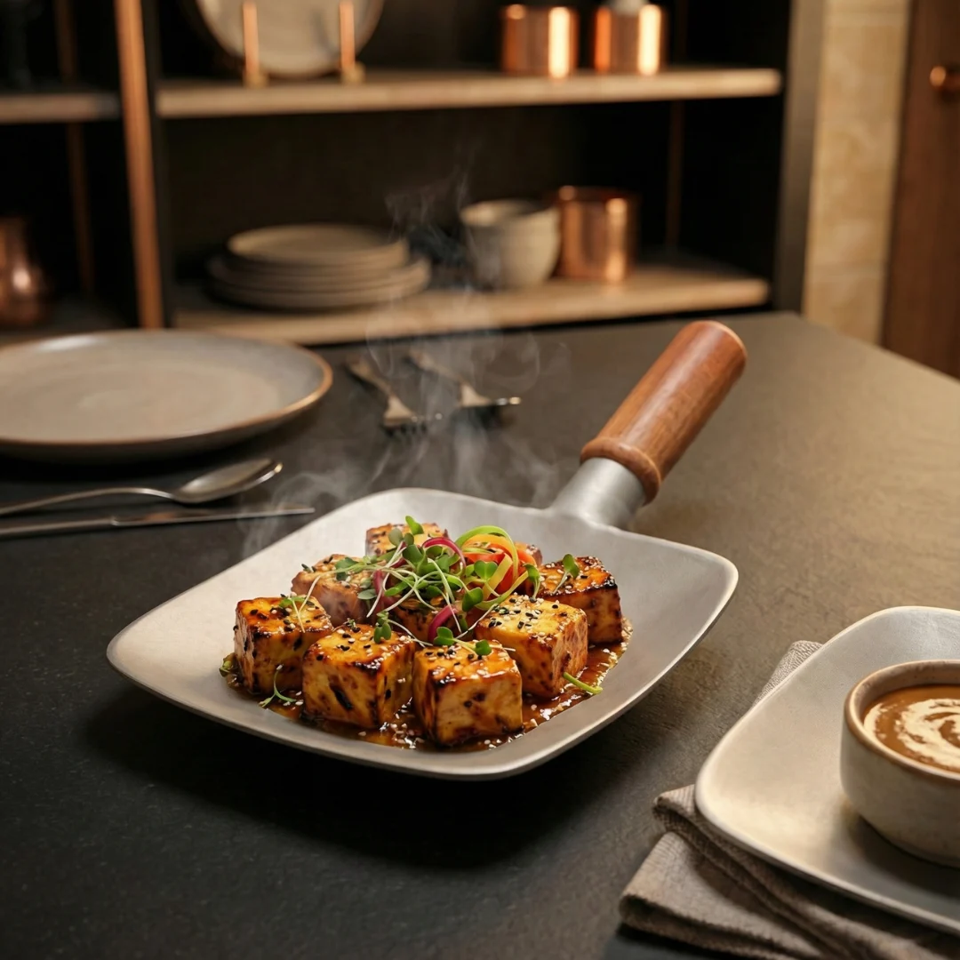 Harmiche SizzleTile Hard Anodised Aluminium Serving Plates with Wooden Handle – Set of 2 (16.5 × 16.5 cm)