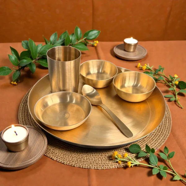 Harmiche Amaira 6-Piece Pure Kansa Thali Set • Serves 1 | Lead-Free Kansa Wellness Thali 6-Piece Kansa Dinner Set (27cm Bronze Thali, Bowls, Dessert Bowl, Spoon & Glass)