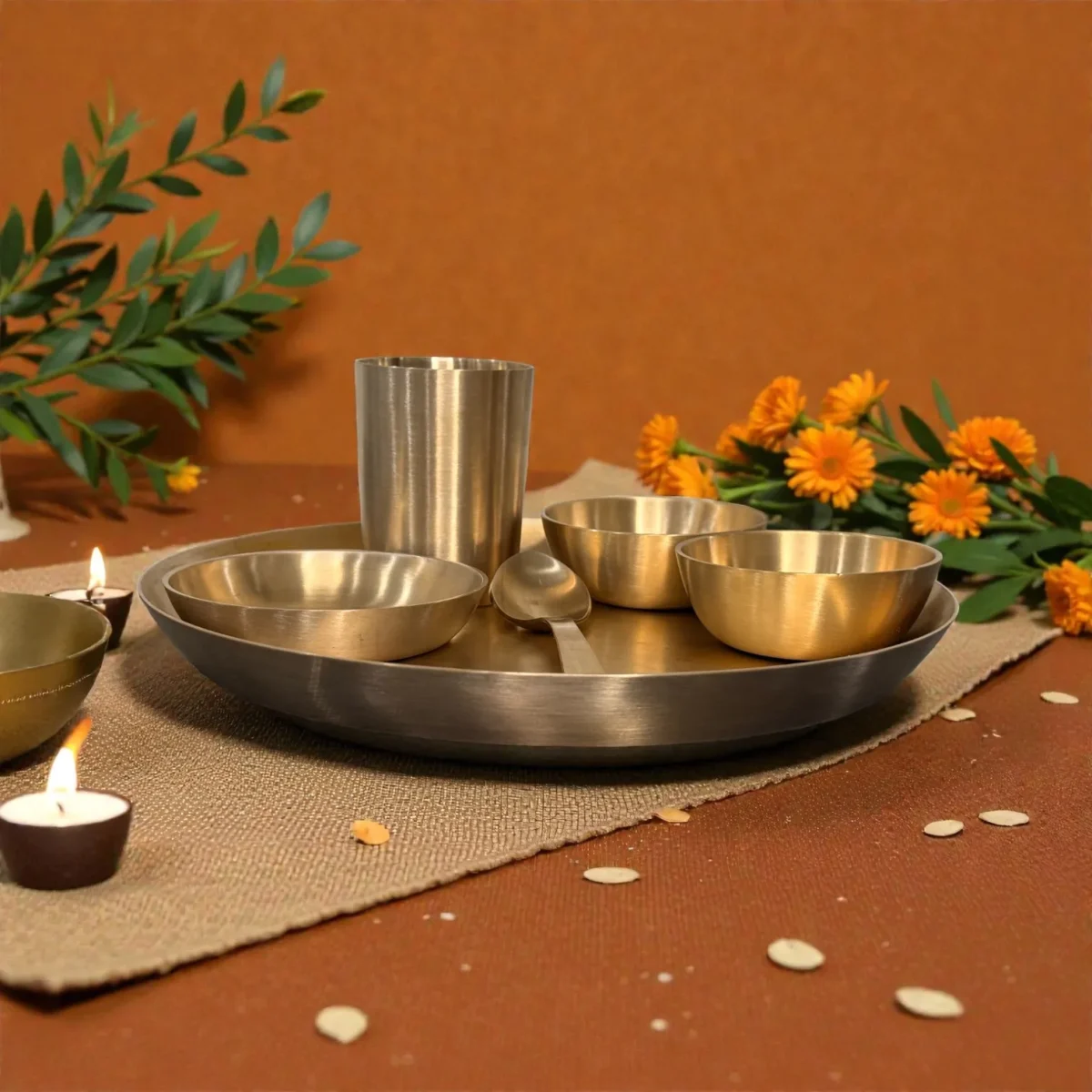 Harmiche Amaira Pure Kansa Thali Dinner Set of 6 | 27 cm Lead-Free Bronze Thali, Bowls, Dessert Bowl, Spoon & Tumbler