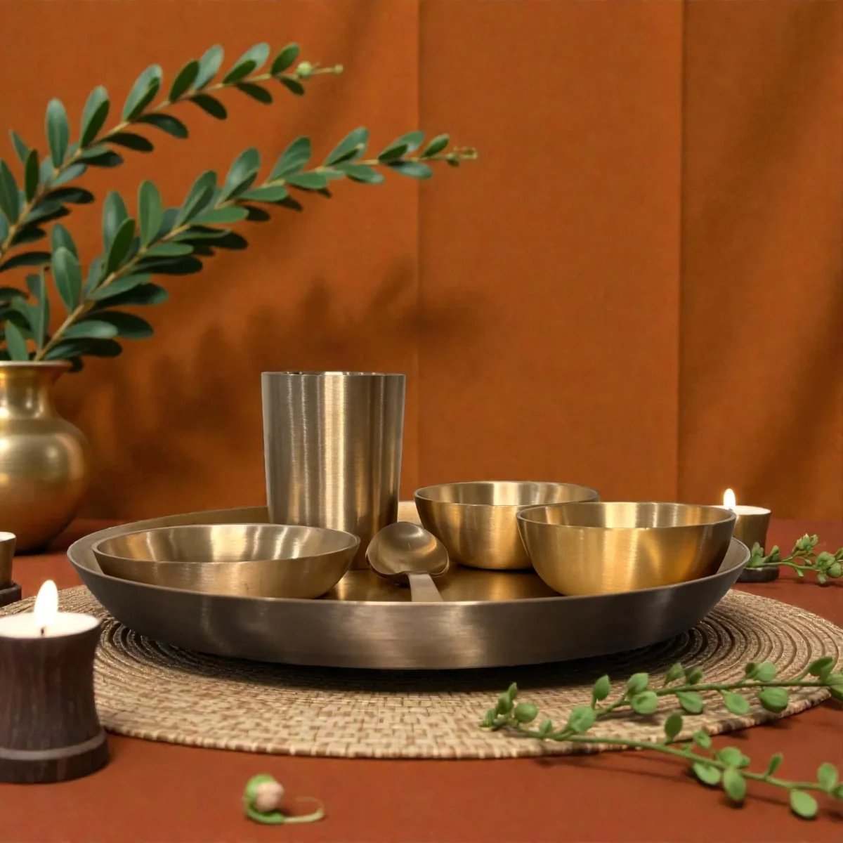 Harmiche Amaira Pure Kansa Thali Dinner Set of 6 | 27 cm Lead-Free Bronze Thali, Bowls, Dessert Bowl, Spoon & Tumbler