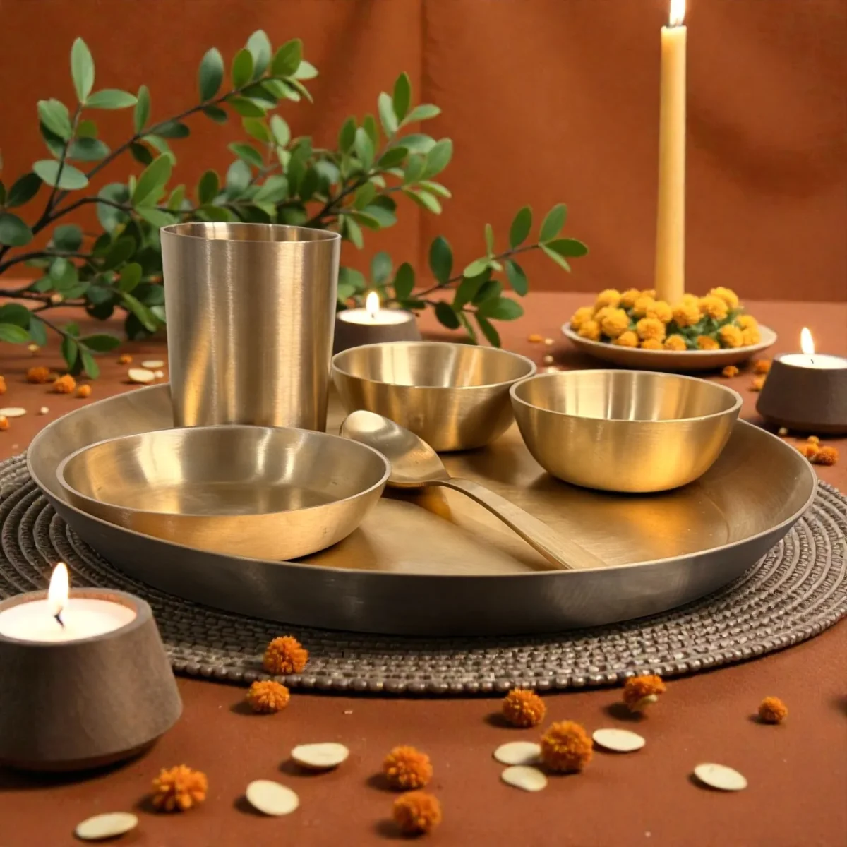 Harmiche Amaira Pure Kansa Thali Dinner Set of 6 | 27 cm Lead-Free Bronze Thali, Bowls, Dessert Bowl, Spoon & Tumbler