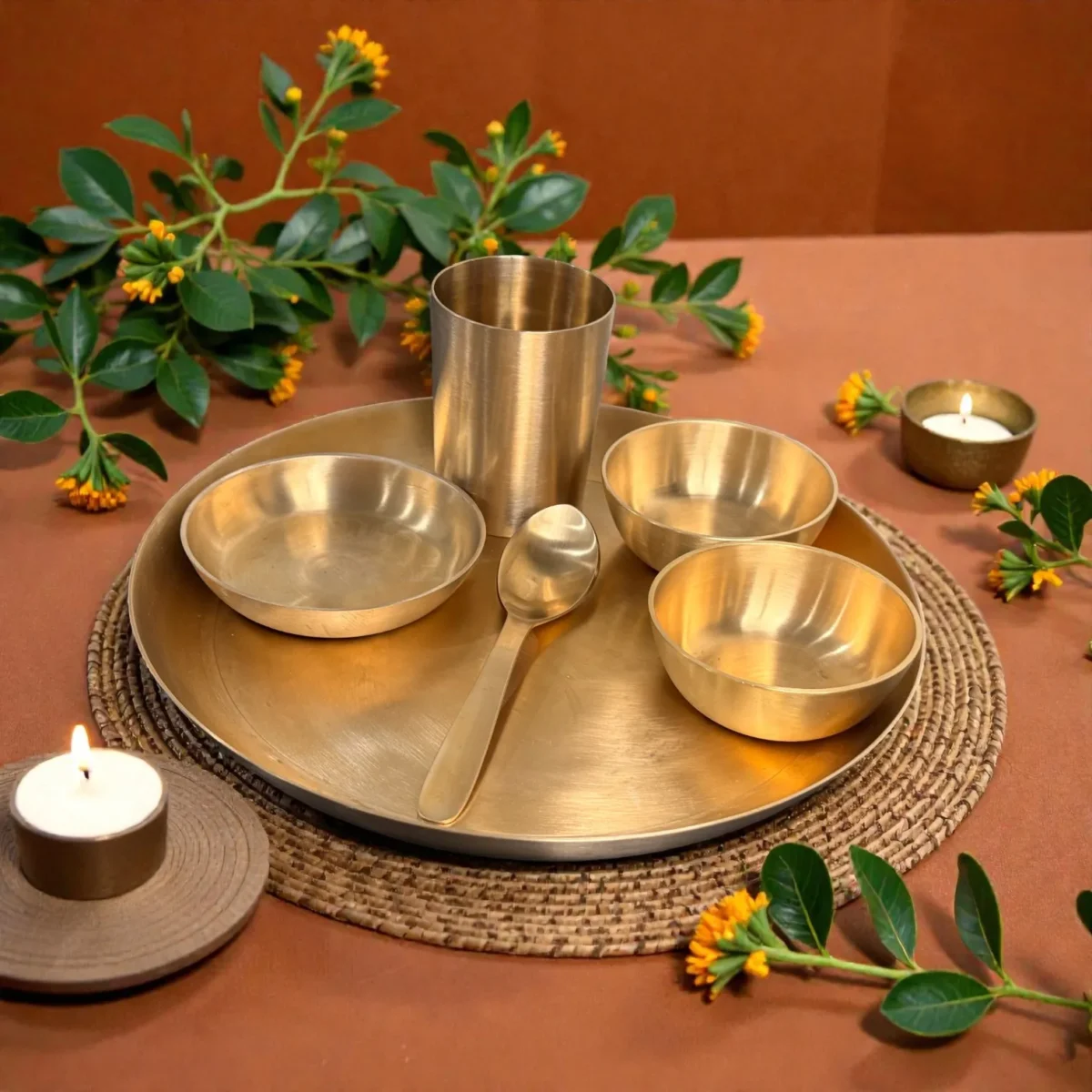 Harmiche Amaira Pure Kansa Thali Dinner Set of 6 | 27 cm Lead-Free Bronze Thali, Bowls, Dessert Bowl, Spoon & Tumbler