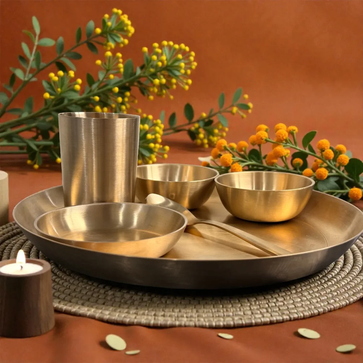 Harmiche Amaira Pure Kansa Thali Dinner Set of 6 | 27 cm Lead-Free Bronze Thali, Bowls, Dessert Bowl, Spoon & Tumbler