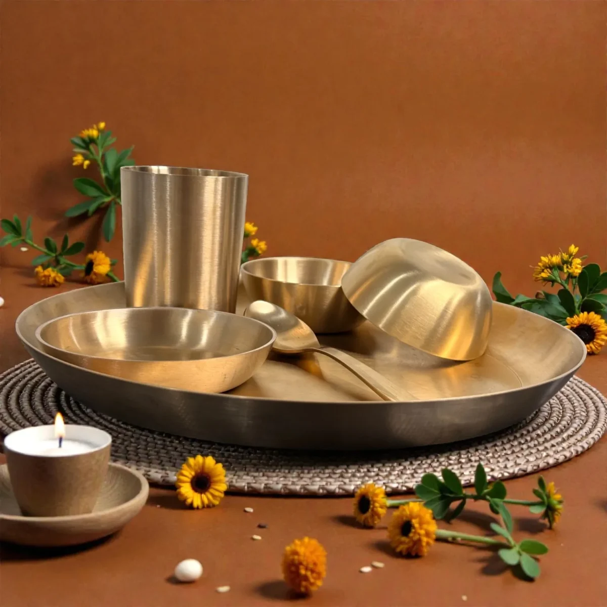 Harmiche Amaira Pure Kansa Thali Dinner Set of 6 | 27 cm Lead-Free Bronze Thali, Bowls, Dessert Bowl, Spoon & Tumbler