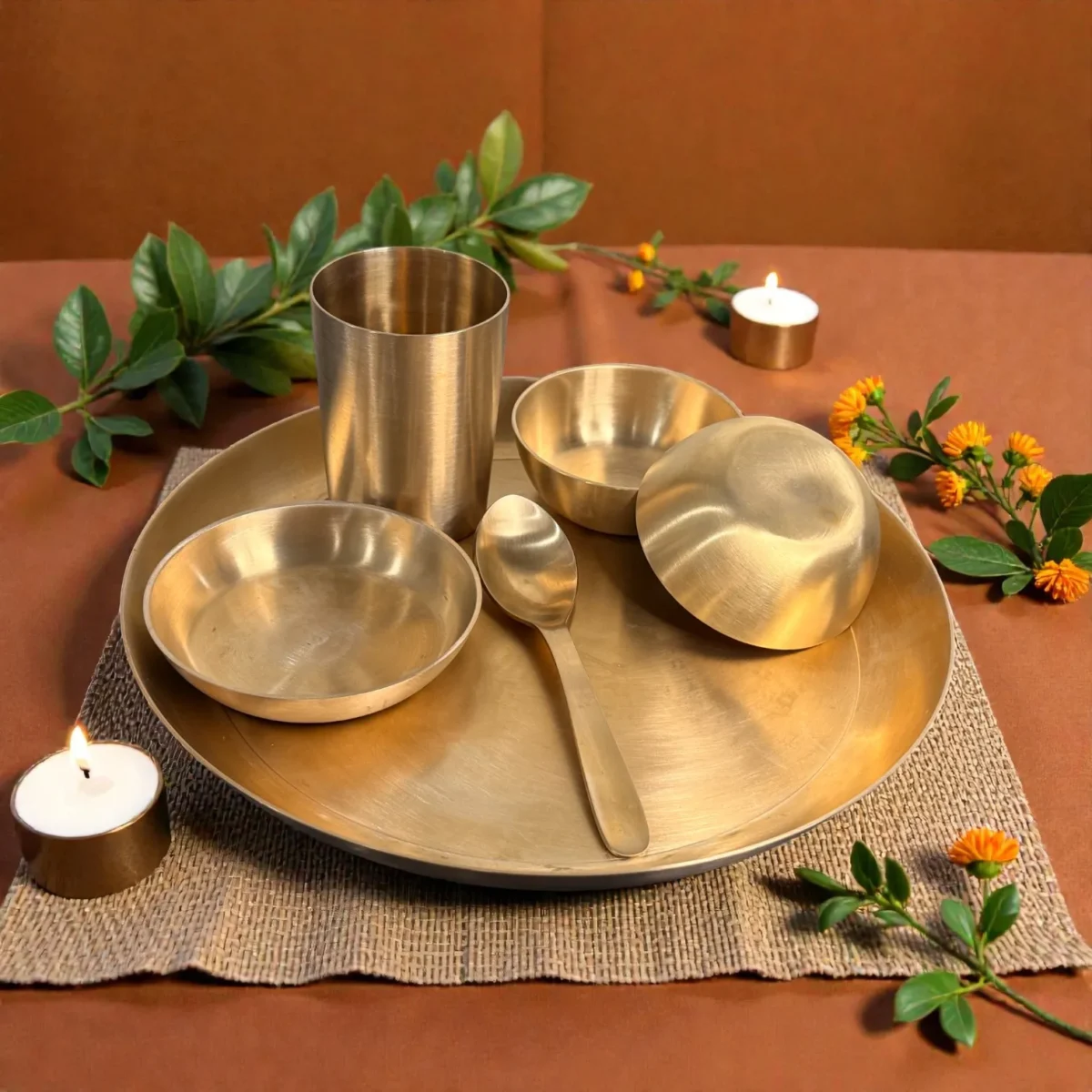 Harmiche Amaira Pure Kansa Thali Dinner Set of 6 | 27 cm Lead-Free Bronze Thali, Bowls, Dessert Bowl, Spoon & Tumbler