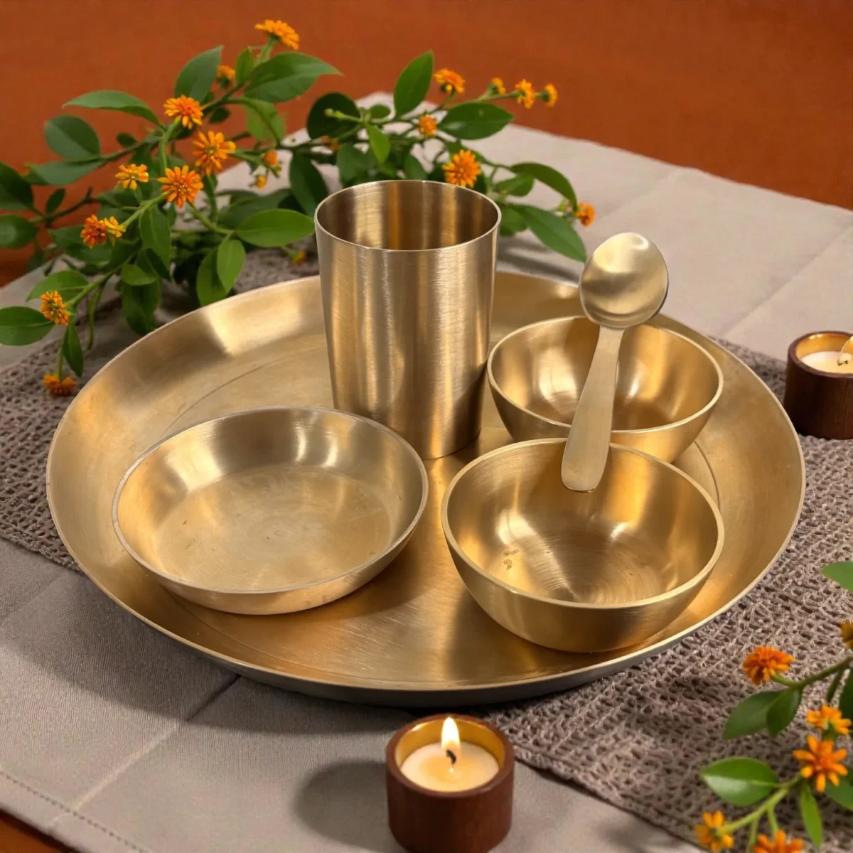 Harmiche Amaira Pure Kansa Thali Dinner Set of 6 | 27 cm Lead-Free Bronze Thali, Bowls, Dessert Bowl, Spoon & Tumbler