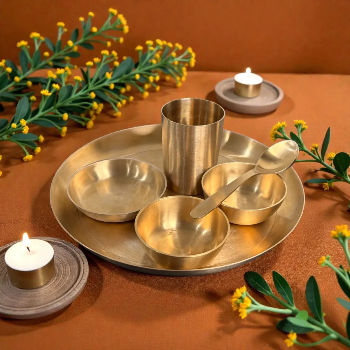 Harmiche Amaira Pure Kansa Thali Dinner Set of 6 | 27 cm Lead-Free Bronze Thali, Bowls, Dessert Bowl, Spoon & Tumbler