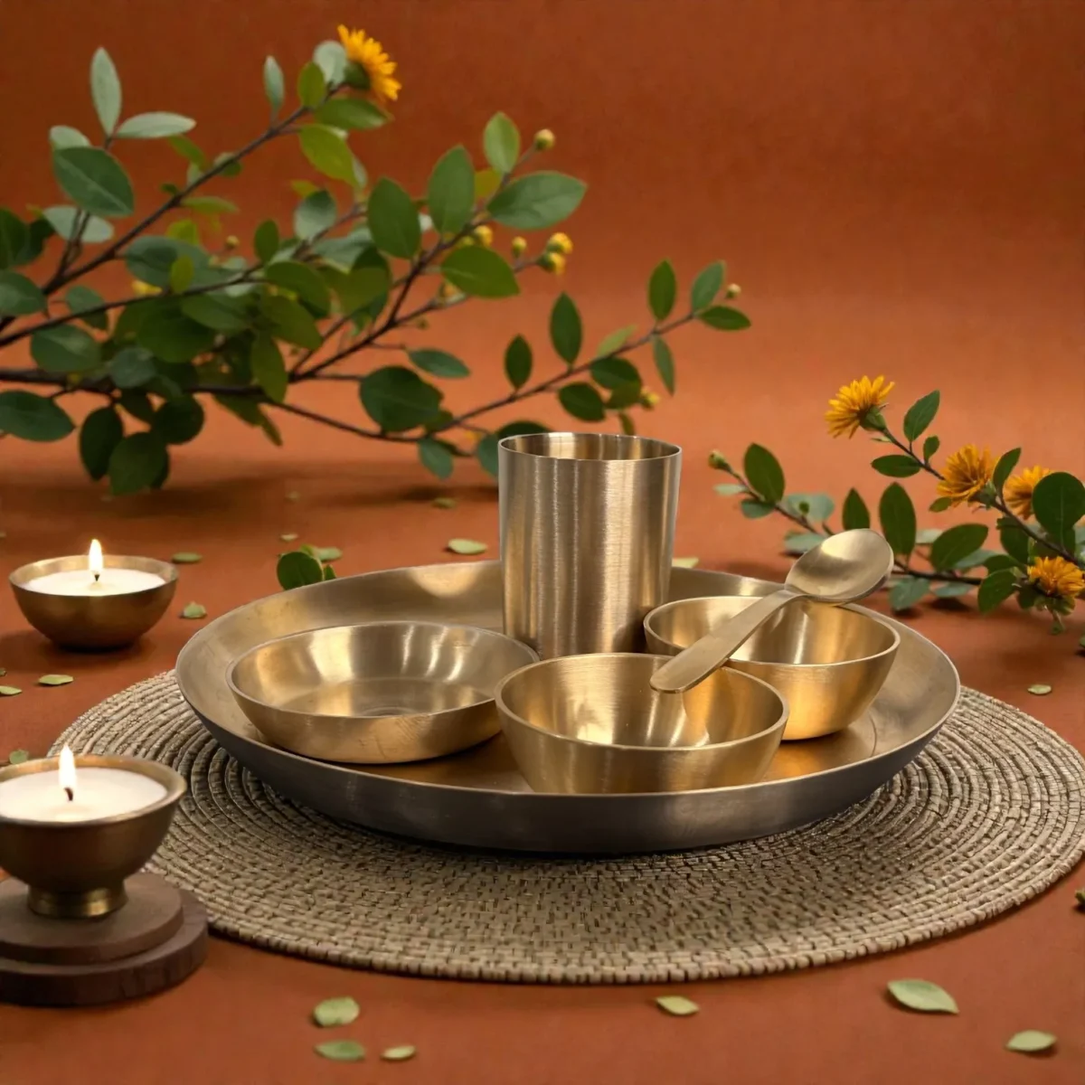 Harmiche Amaira Pure Kansa Thali Dinner Set of 6 | 27 cm Lead-Free Bronze Thali, Bowls, Dessert Bowl, Spoon & Tumbler