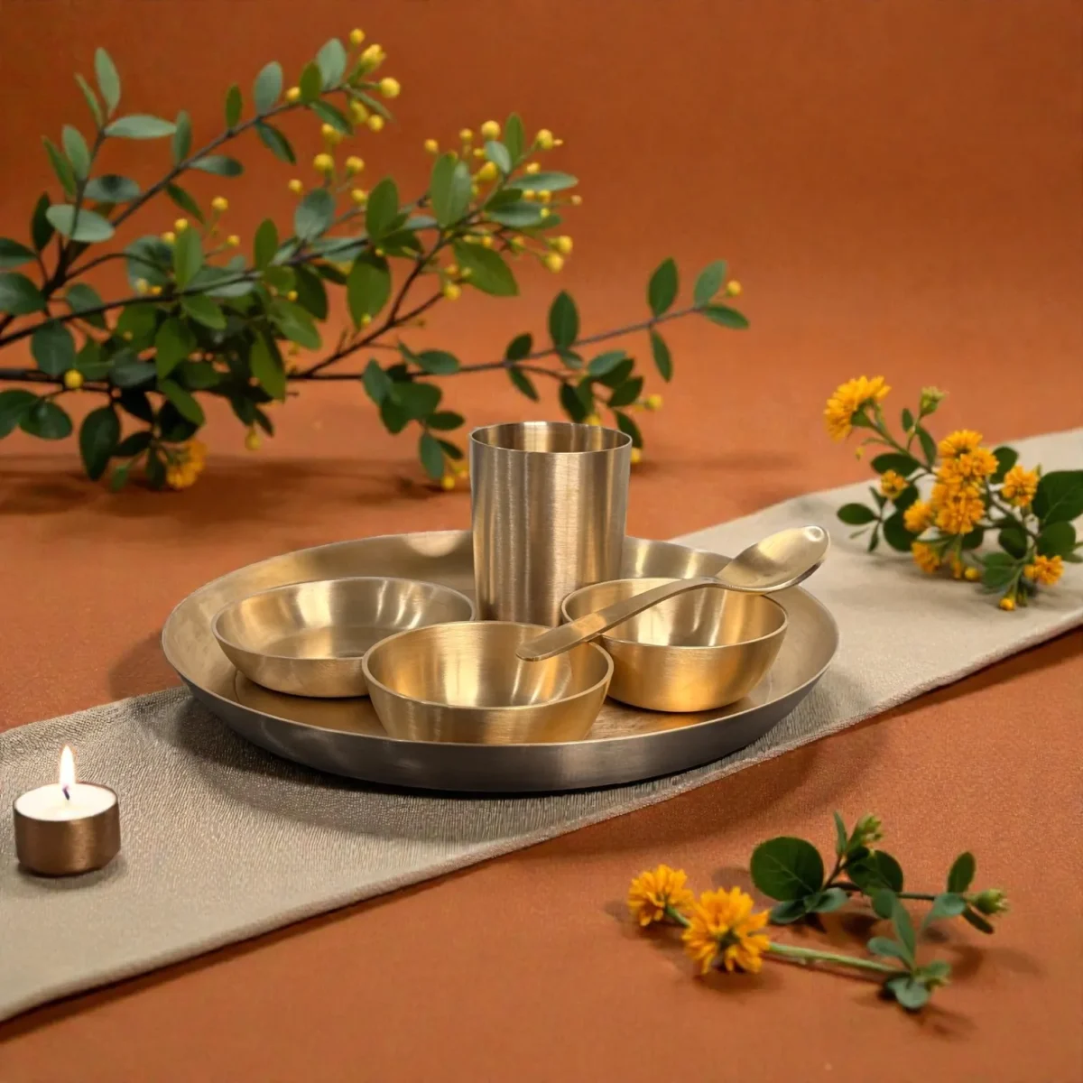 Harmiche Amaira Pure Kansa Thali Dinner Set of 6 | 27 cm Lead-Free Bronze Thali, Bowls, Dessert Bowl, Spoon & Tumbler