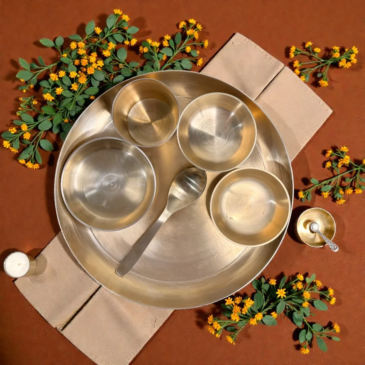 Harmiche Amaira Pure Kansa Thali Dinner Set of 6 | 27 cm Lead-Free Bronze Thali, Bowls, Dessert Bowl, Spoon & Tumbler