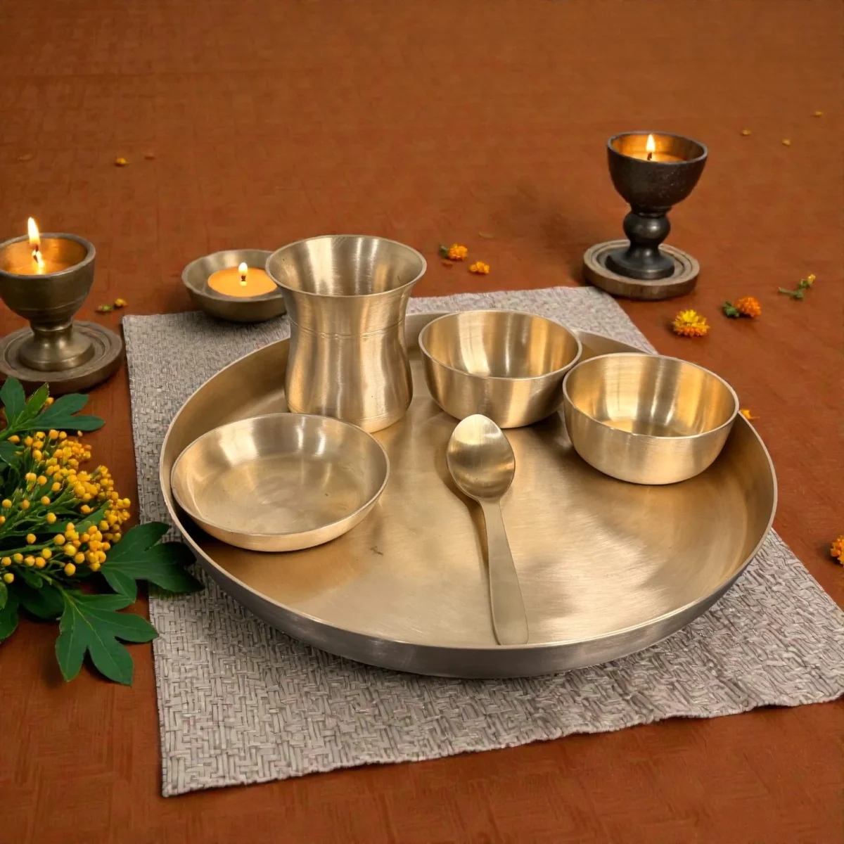 Harmiche Aranya 6-Piece Pure Kansa Thali Set • Serves 1 | Premium Ayurvedic Bronze Dinner Set (30cm Thali, Bowls, Dessert Bowl, Spoon & Glass) – Lead-Free & Handcrafted