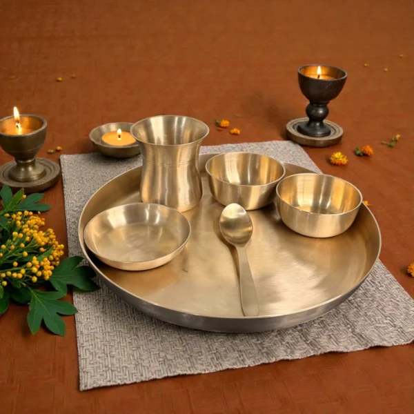 Harmiche Aranya 6-Piece Pure Kansa Thali Set • Serves 1 | Premium Ayurvedic Bronze Dinner Set (30cm Thali, Bowls, Dessert Bowl, Spoon & Glass) – Lead-Free & Handcrafted