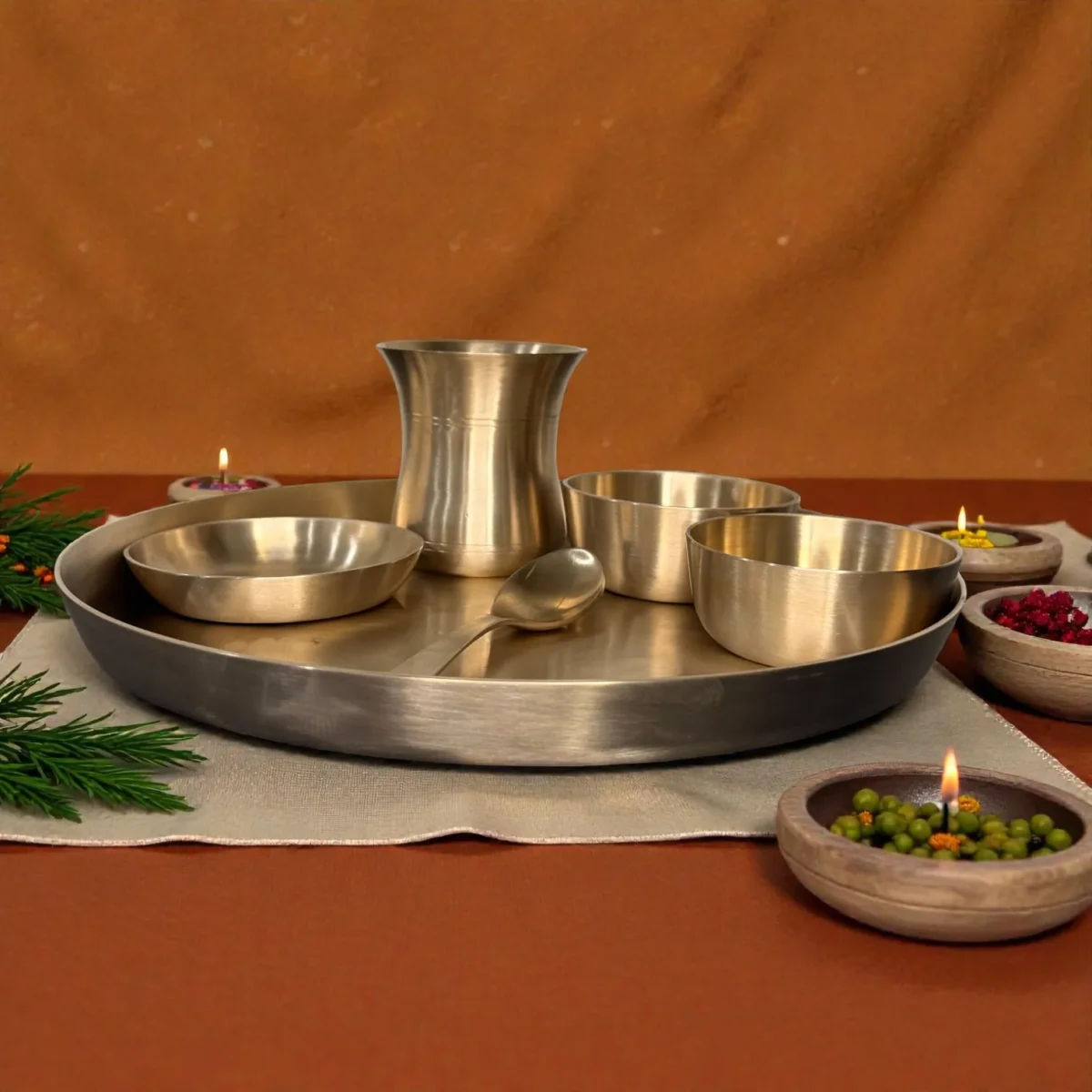 Harmiche Aranya 6-Piece Kansa Thali Set • Serves 1 | Premium Ayurvedic Bronze Dinner Set (30cm Thali, Bowls, Dessert Bowl, Spoon & Glass) – Lead-Free & Handcrafted