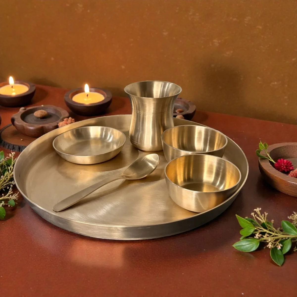 Harmiche Aranya 6-Piece Kansa Thali Set • Serves 1 | Premium Ayurvedic Bronze Dinner Set (30cm Thali, Bowls, Dessert Bowl, Spoon & Glass) – Lead-Free & Handcrafted