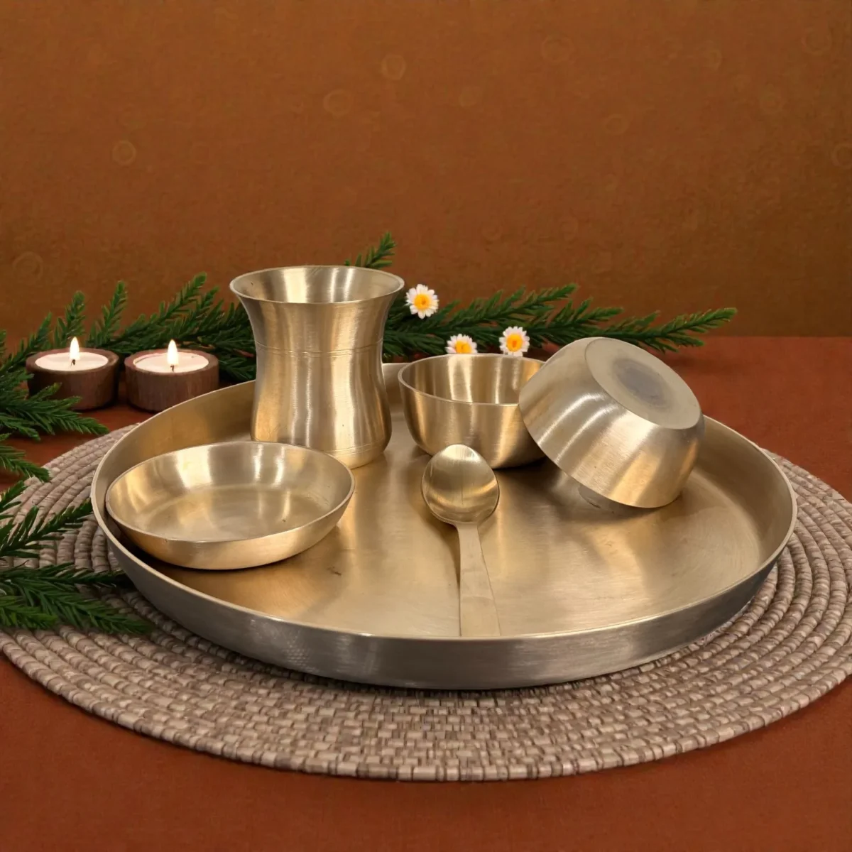 Harmiche Aranya 6-Piece Kansa Thali Set • Serves 1 | Premium Ayurvedic Bronze Dinner Set (30cm Thali, Bowls, Dessert Bowl, Spoon & Glass) – Lead-Free & Handcrafted