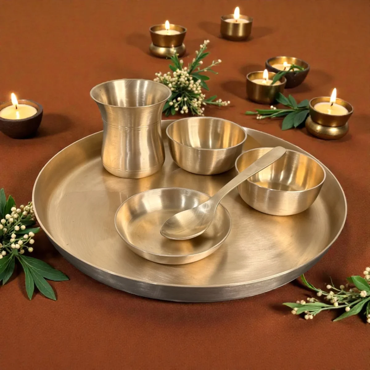 Harmiche Aranya 6-Piece Kansa Thali Set • Serves 1 | Premium Ayurvedic Bronze Dinner Set (30cm Thali, Bowls, Dessert Bowl, Spoon & Glass) – Lead-Free & Handcrafted