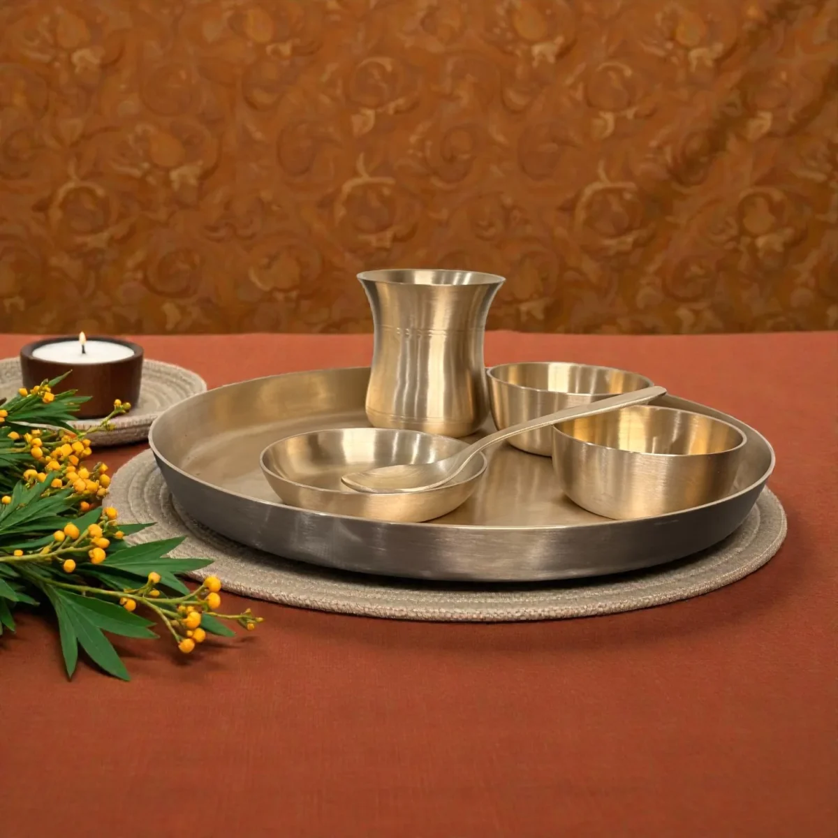 Harmiche Aranya 6-Piece Kansa Thali Set • Serves 1 | Premium Ayurvedic Bronze Dinner Set (30cm Thali, Bowls, Dessert Bowl, Spoon & Glass) – Lead-Free & Handcrafted