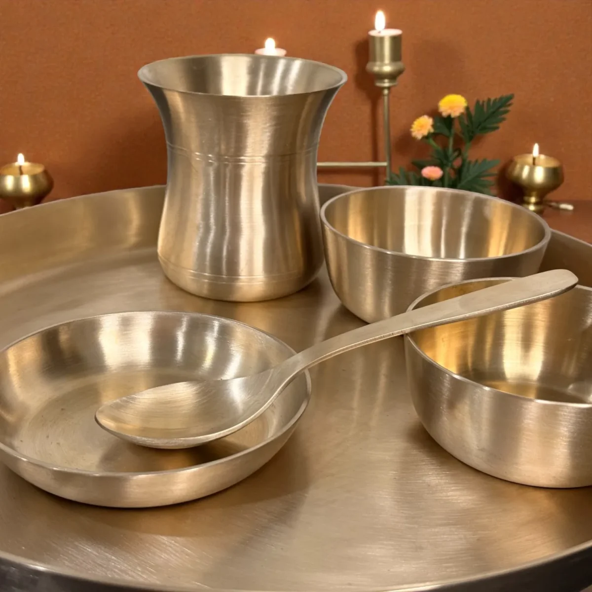 Harmiche Aranya 6-Piece Kansa Thali Set • Serves 1 | Premium Ayurvedic Bronze Dinner Set (30cm Thali, Bowls, Dessert Bowl, Spoon & Glass) – Lead-Free & Handcrafted