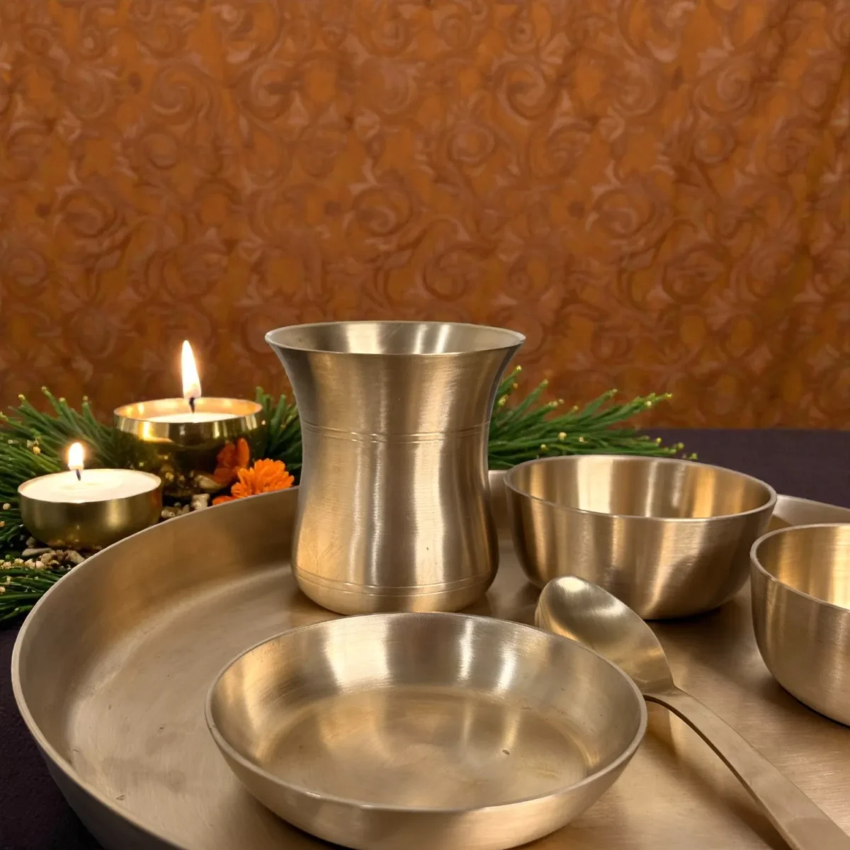 Harmiche Aranya 6-Piece Kansa Thali Set • Serves 1 | Premium Ayurvedic Bronze Dinner Set (30cm Thali, Bowls, Dessert Bowl, Spoon & Glass) – Lead-Free & Handcrafted