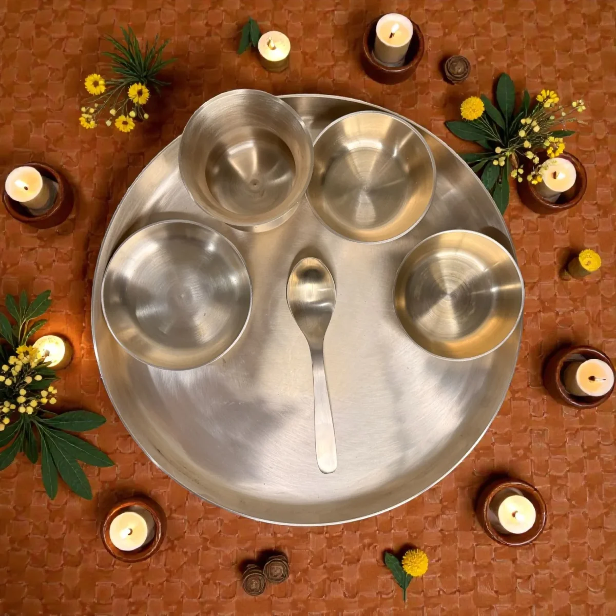 Harmiche Aranya 6-Piece Kansa Thali Set • Serves 1 | Premium Ayurvedic Bronze Dinner Set (30cm Thali, Bowls, Dessert Bowl, Spoon & Glass) – Lead-Free & Handcrafted