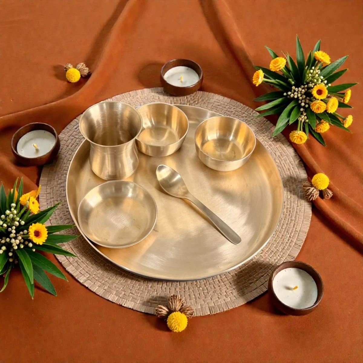 Harmiche Aranya 6-Piece Kansa Thali Set • Serves 1 | Premium Ayurvedic Bronze Dinner Set (30cm Thali, Bowls, Dessert Bowl, Spoon & Glass) – Lead-Free & Handcrafted