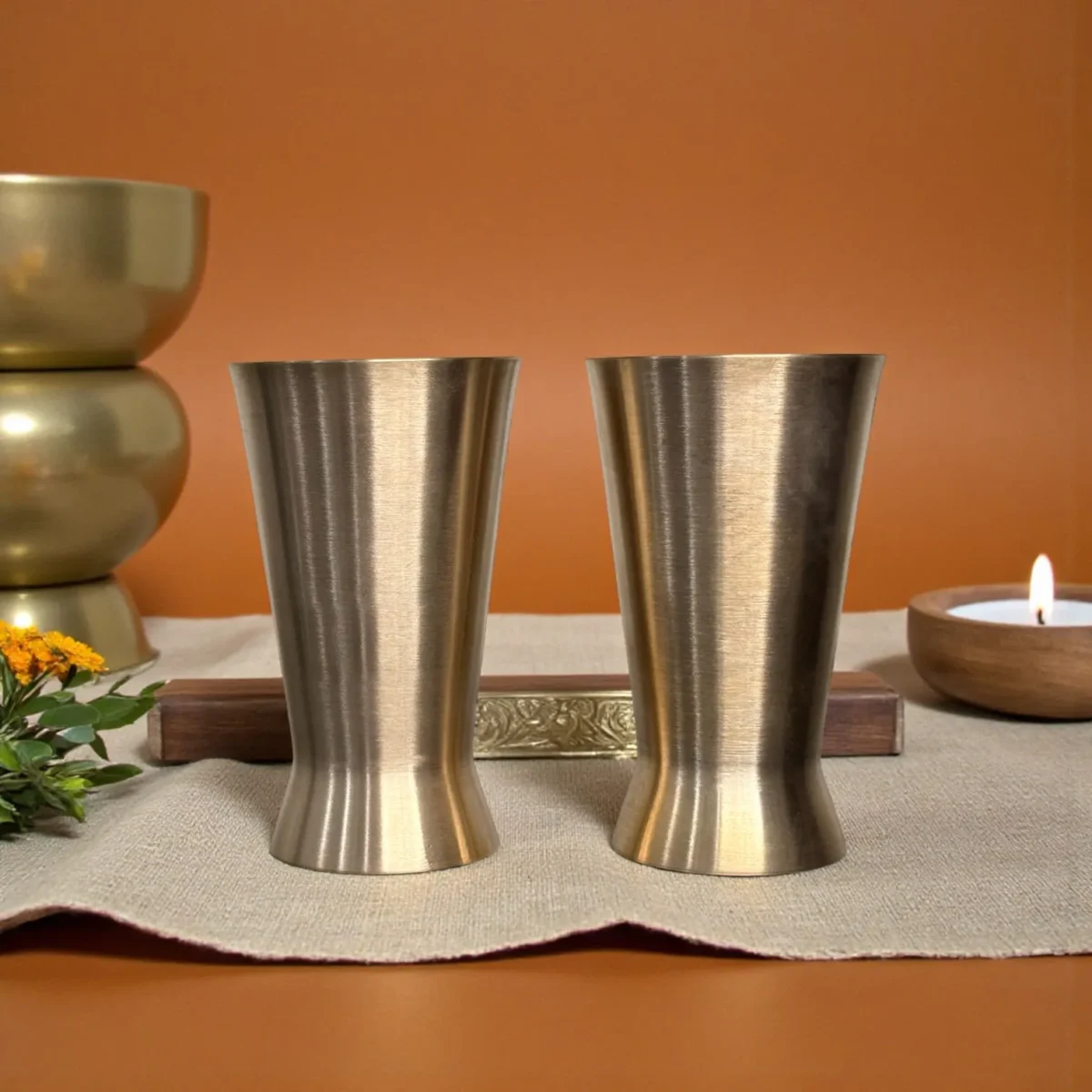 Harmiche Kansa Jivana Wellness Tumblers – Set of 2 | 200 ml Lead-Free Kansa Drinking Glasses for Water & Herbal Beverages