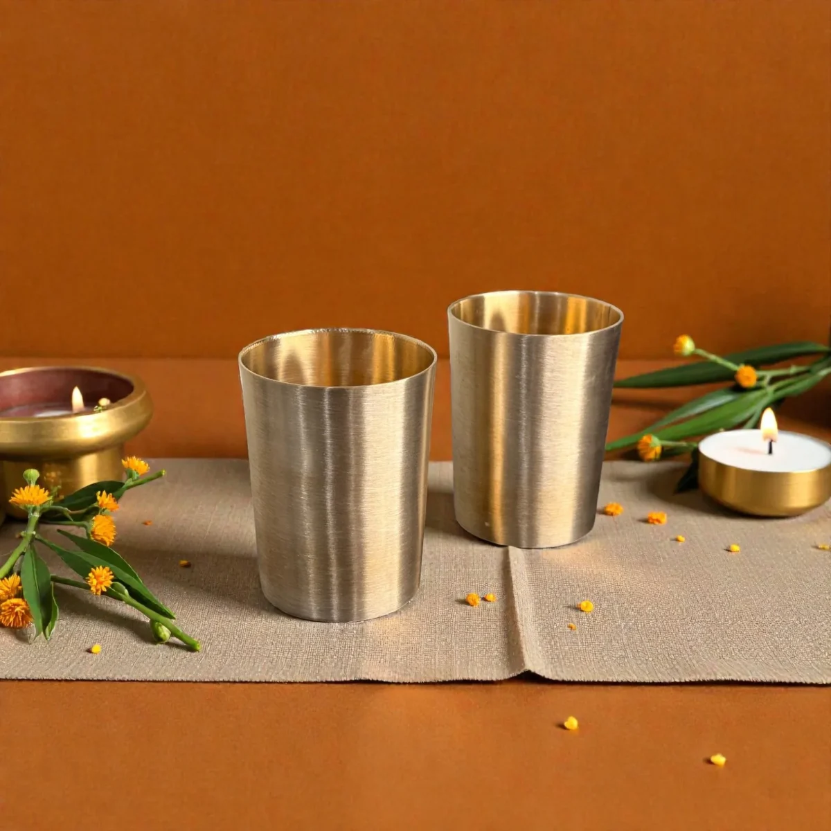 Harmiche Iraa Kansa Glass Set of 2 • 250 ml Each | Lead-Free Bronze Water Glasses for Everyday Use, Gifting & Festive Indian Dining