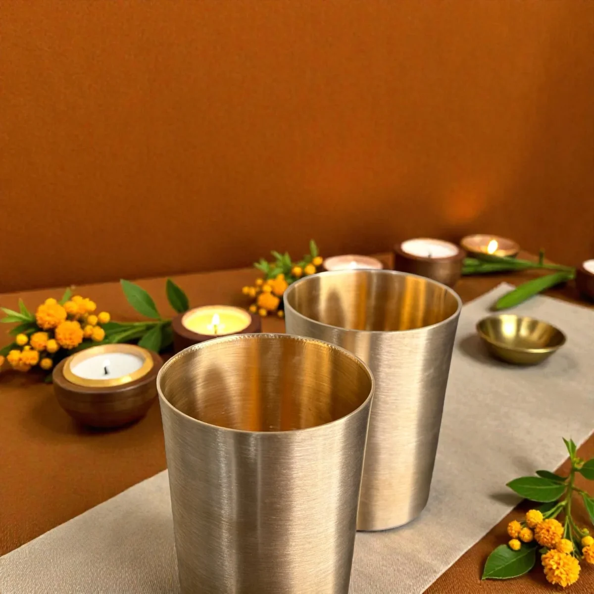 Harmiche Iraa Kansa Glass Set of 2 • 250 ml Each | Lead-Free Bronze Water Glasses for Everyday Use, Gifting & Festive Indian Dining