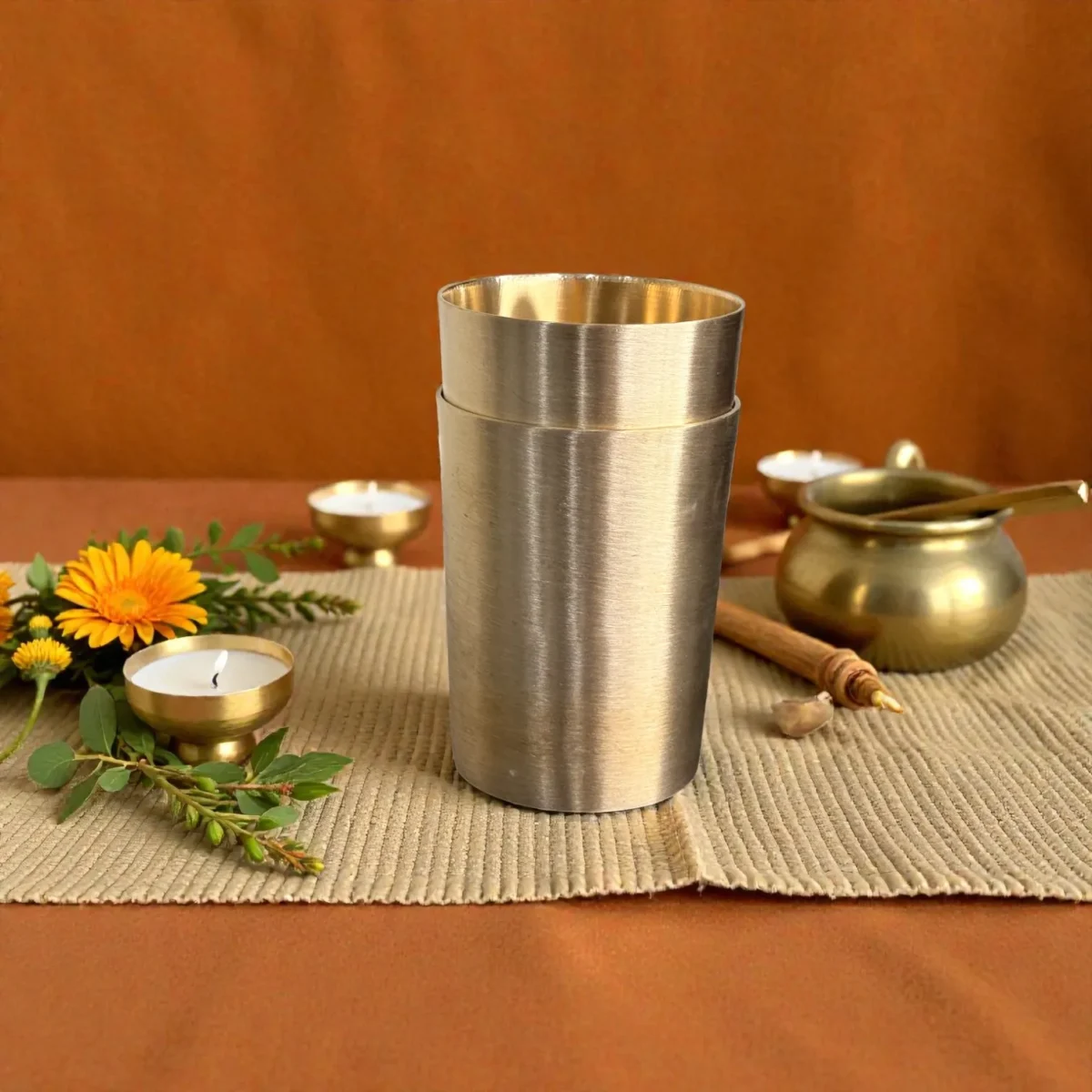 Harmiche Iraa Kansa Glass Set of 2 • 250 ml Each | Lead-Free Bronze Water Glasses for Everyday Use, Gifting & Festive Indian Dining