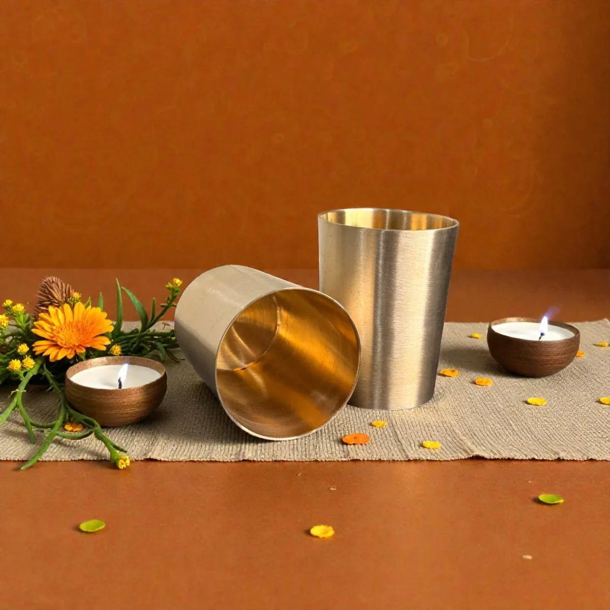 Harmiche Iraa Kansa Glass Set of 2 • 250 ml Each | Lead-Free Bronze Water Glasses for Everyday Use, Gifting & Festive Indian Dining