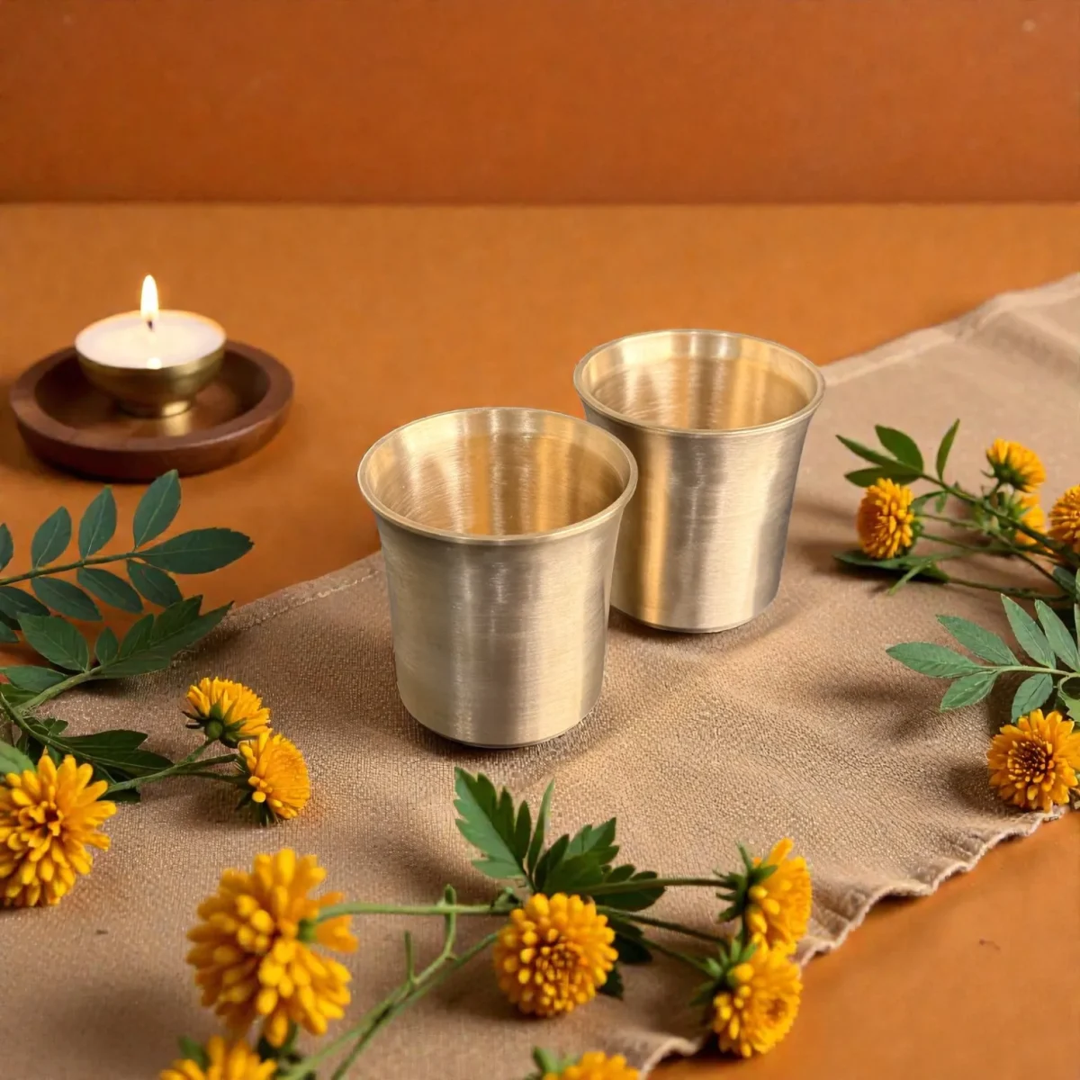 Harmiche Niva 250 ml Kansa Water Glasses Set of 2 | Lead-Free Bronze Drinking Glasses | Handcrafted Kansa Tumblers for Water, Chaas & Juices