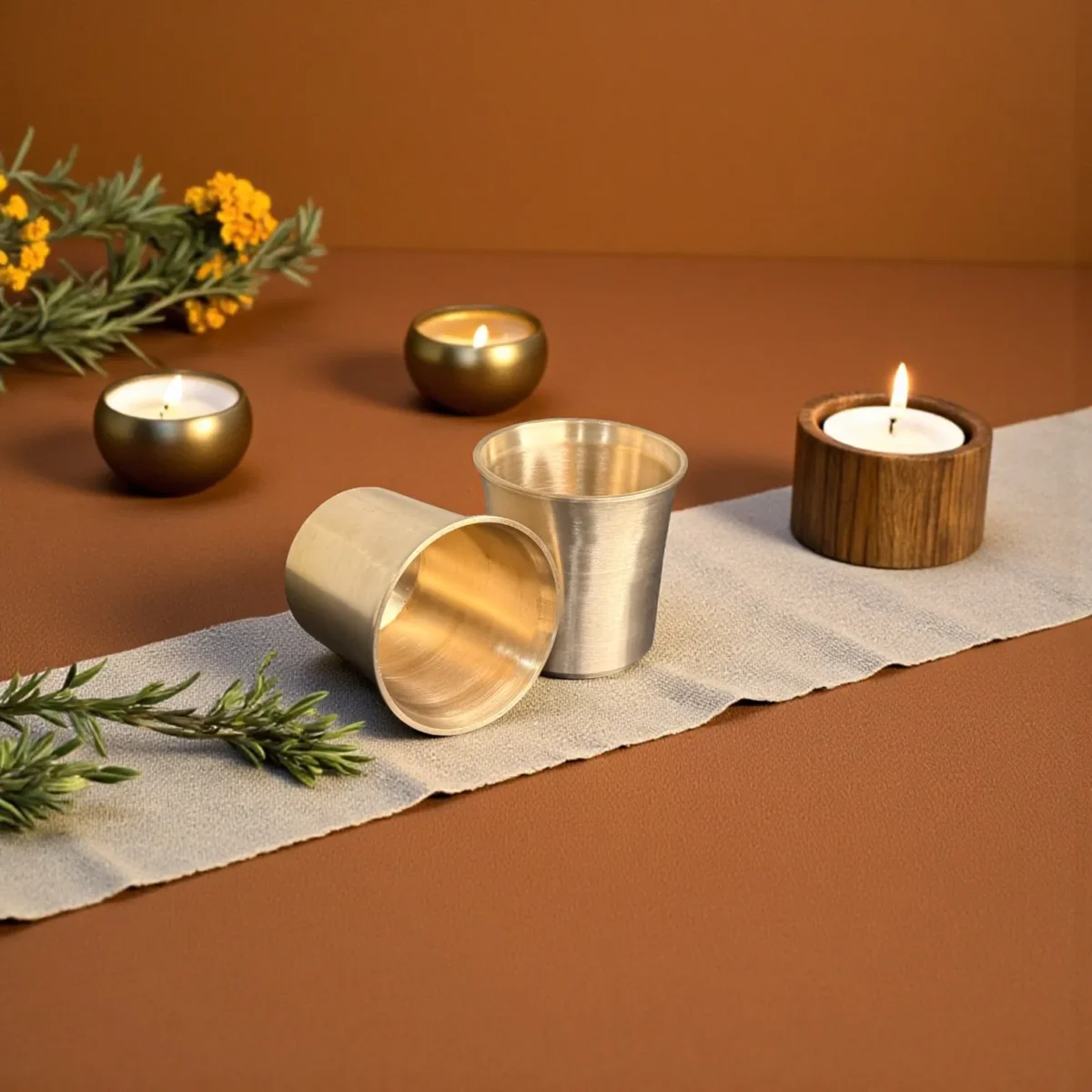 Harmiche Niva 250 ml Kansa Water Glasses Set of 2 | Lead-Free Bronze Drinking Glasses | Handcrafted Kansa Tumblers for Water, Chaas & Juices