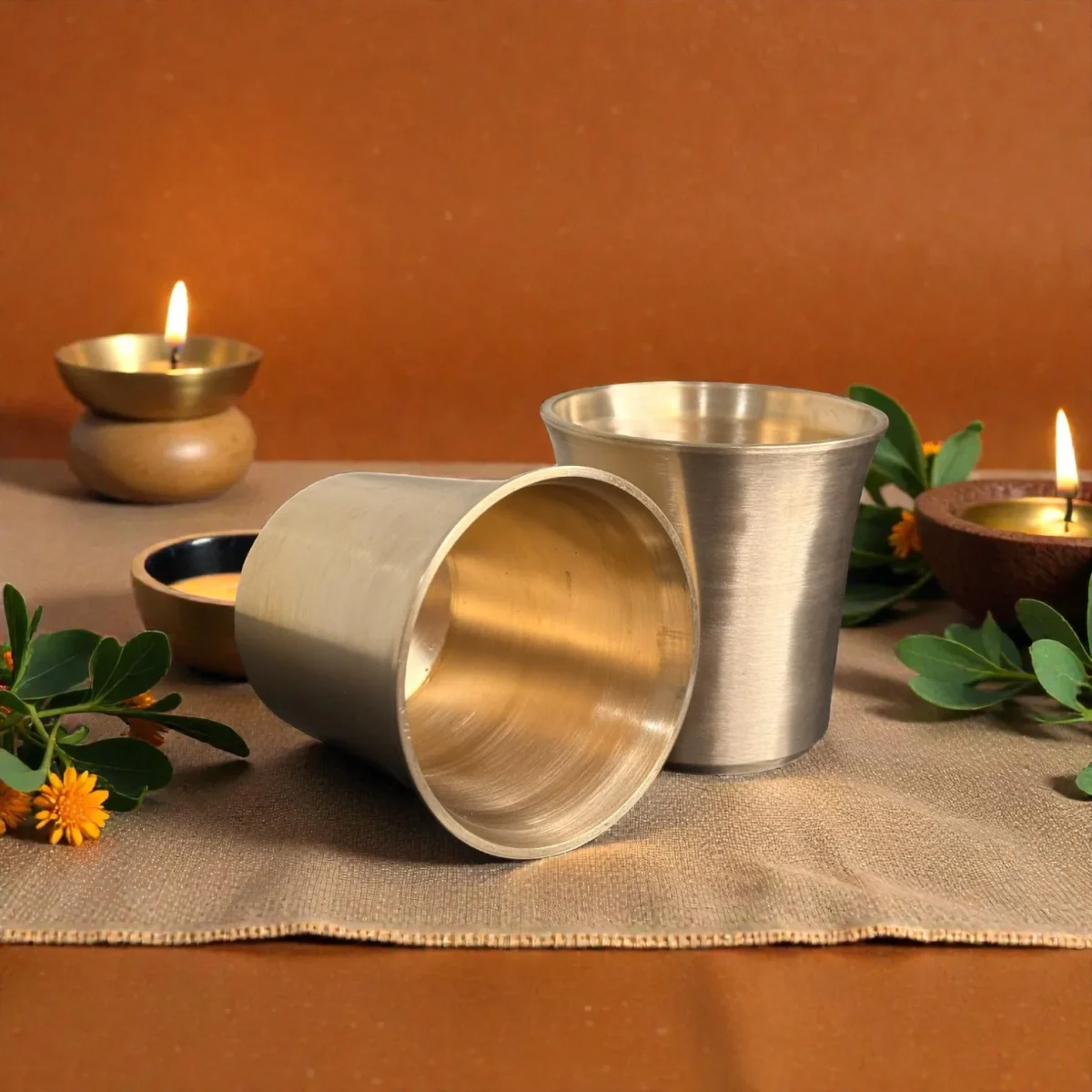 Harmiche Niva 250 ml Kansa Water Glasses Set of 2 | Lead-Free Bronze Drinking Glasses | Handcrafted Kansa Tumblers for Water, Chaas & Juices
