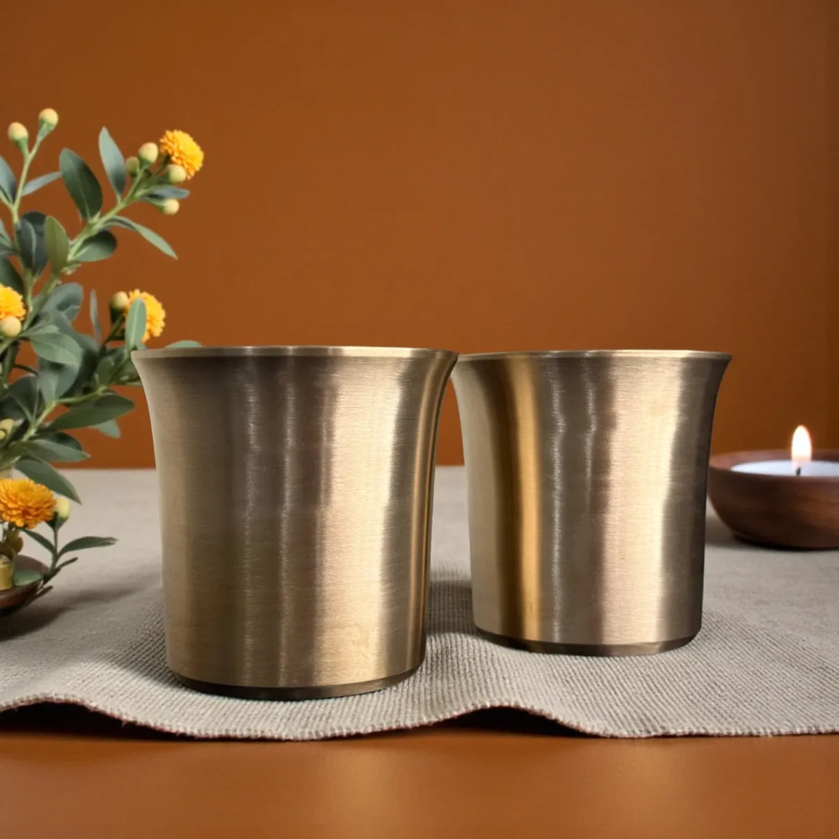 Harmiche Niva 250 ml Kansa Water Glasses Set of 2 | Lead-Free Bronze Drinking Glasses | Handcrafted Kansa Tumblers for Water, Chaas & Juices