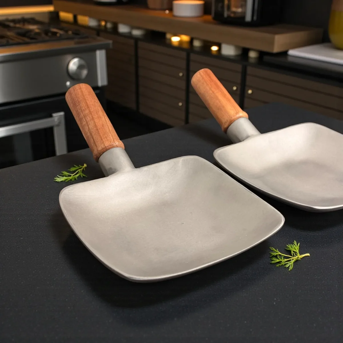 Harmiche SizzleTile Hard Anodised Aluminium Serving Plates with Wooden Handle – Set of 2 (16.5 × 16.5 cm)