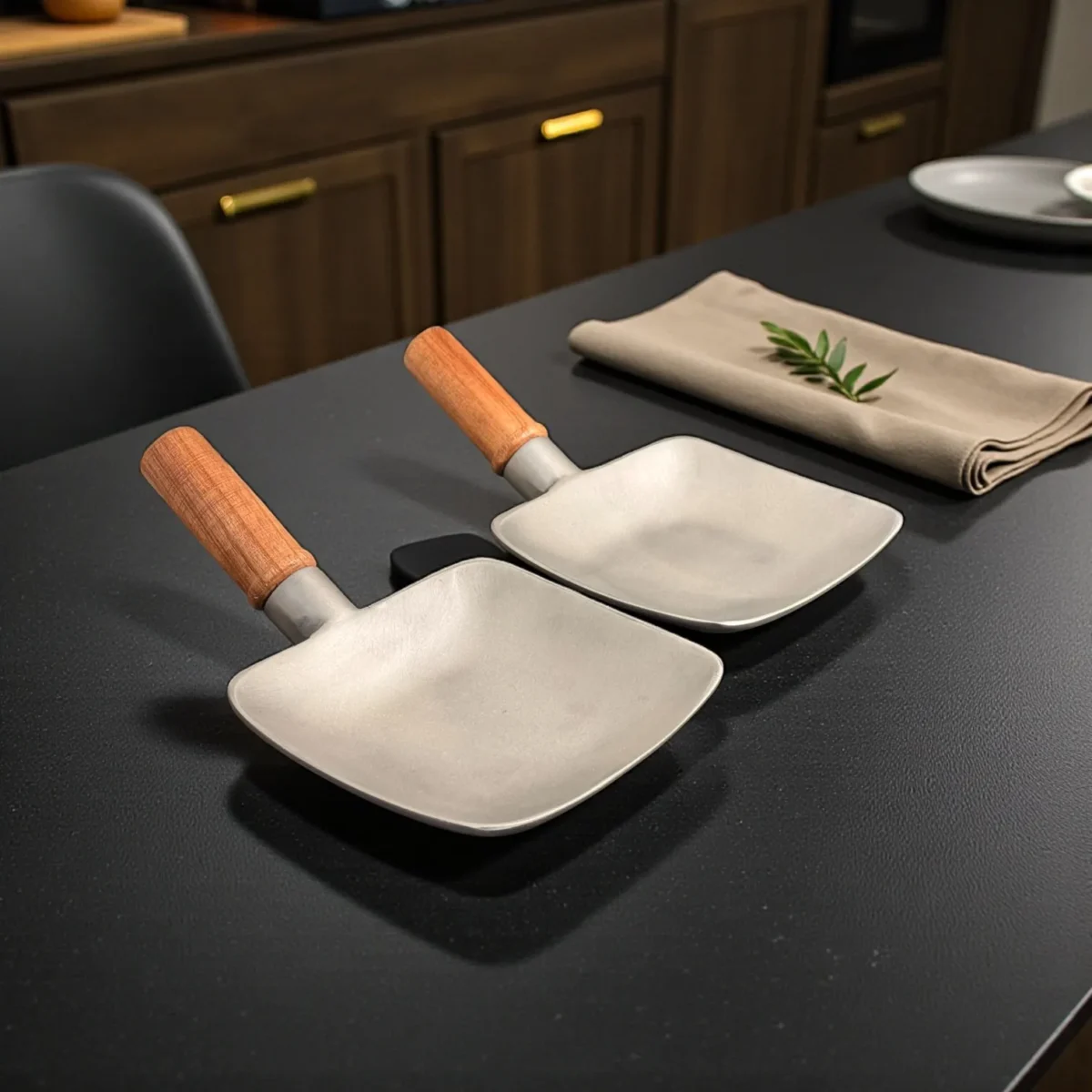 Harmiche SizzleTile Hard Anodised Aluminium Serving Plates with Wooden Handle – Set of 2 (16.5 × 16.5 cm)