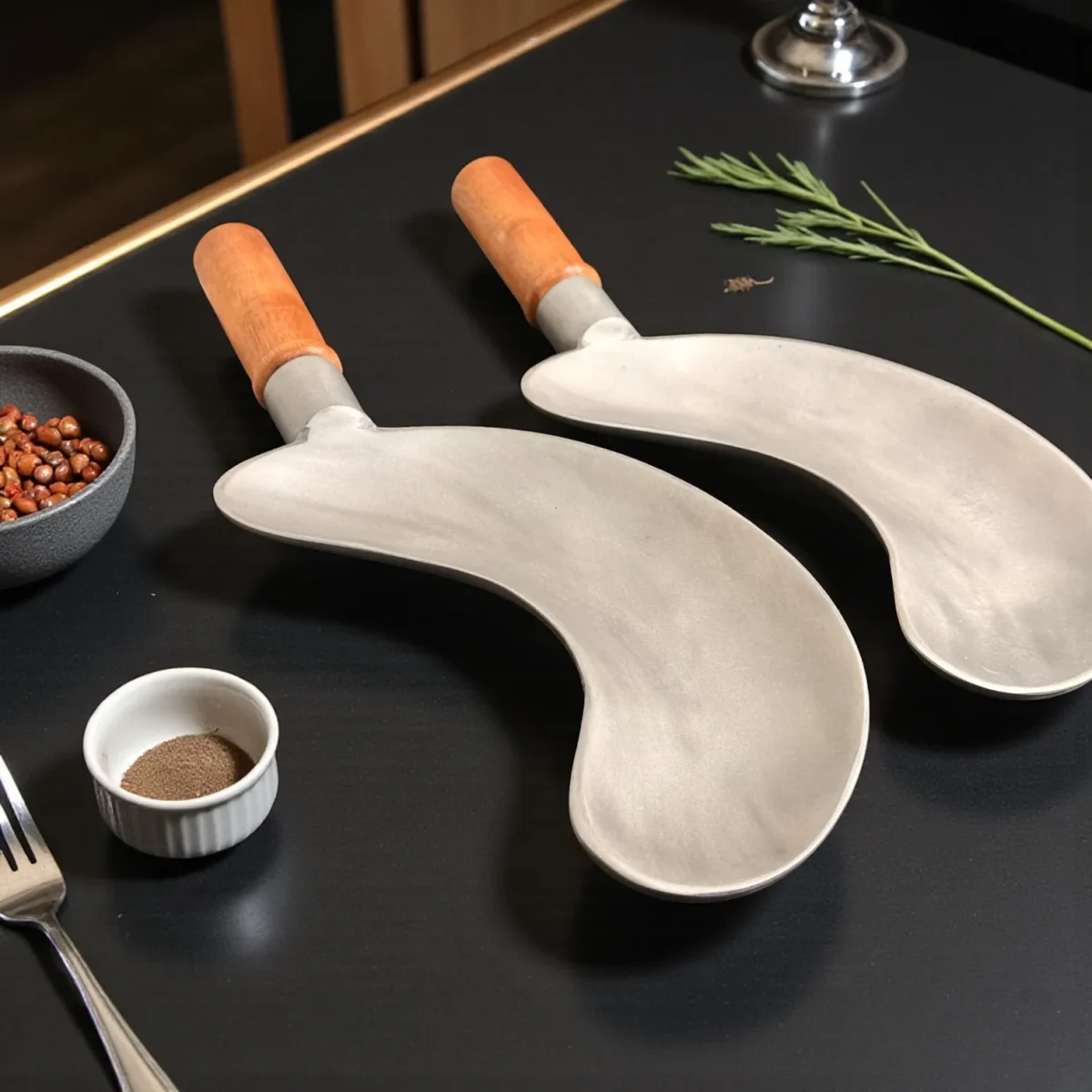Harmiche SizzleCrescent Hard Anodised Aluminium Curved Servers with Wooden Handle – Set of 2 (25 × 9 cm)