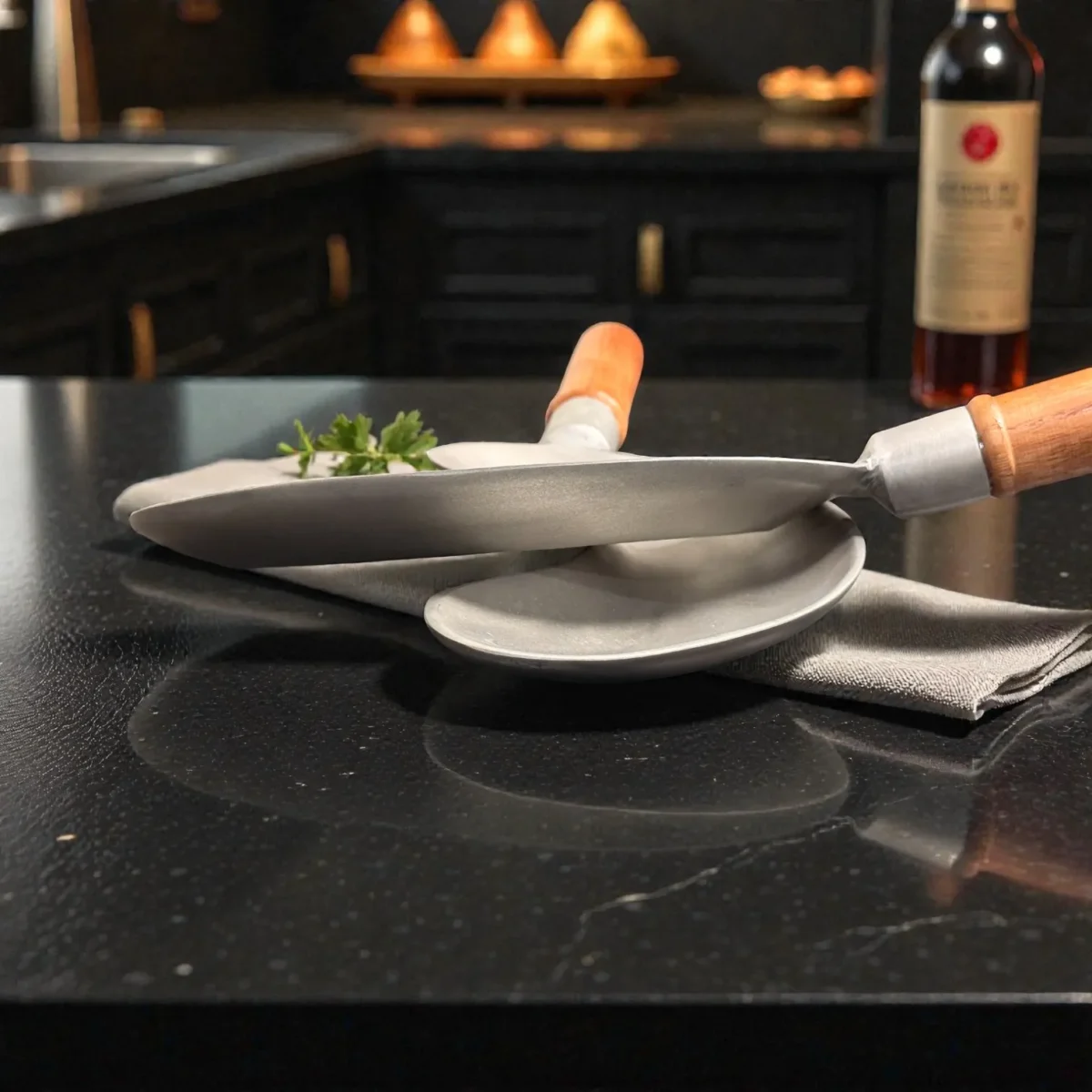 Harmiche SizzleCrescent Hard Anodised Aluminium Curved Servers with Wooden Handle – Set of 2 (25 × 9 cm)