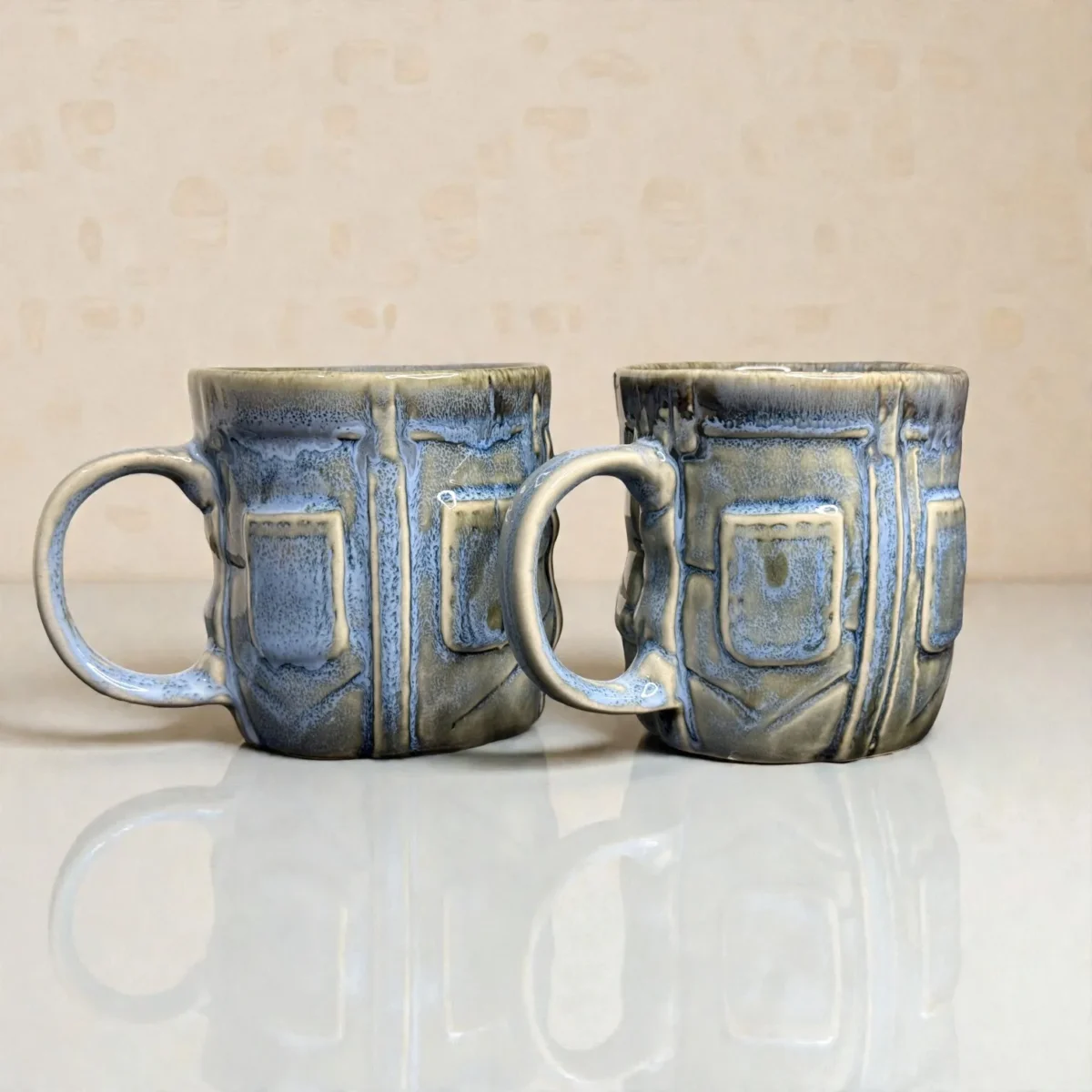 Harmiche OceanRelief Drip-Glaze Ceramic Mugs – Set of 2 (250 ml)