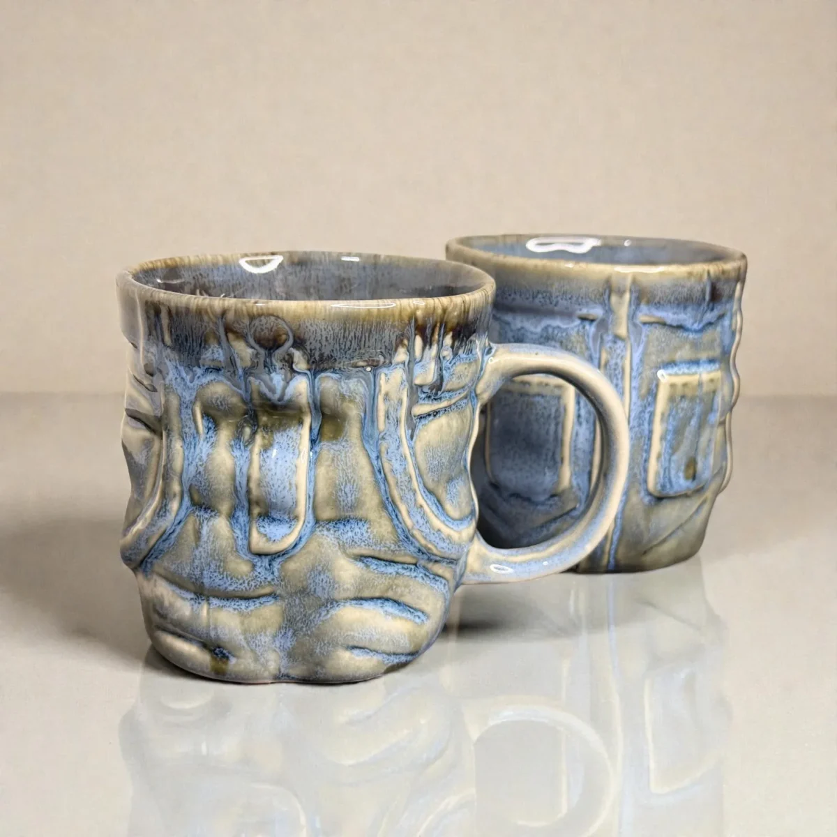 Harmiche OceanRelief Drip-Glaze Ceramic Mugs – Set of 2 (250 ml) | Beautiful Sculptural Mugs