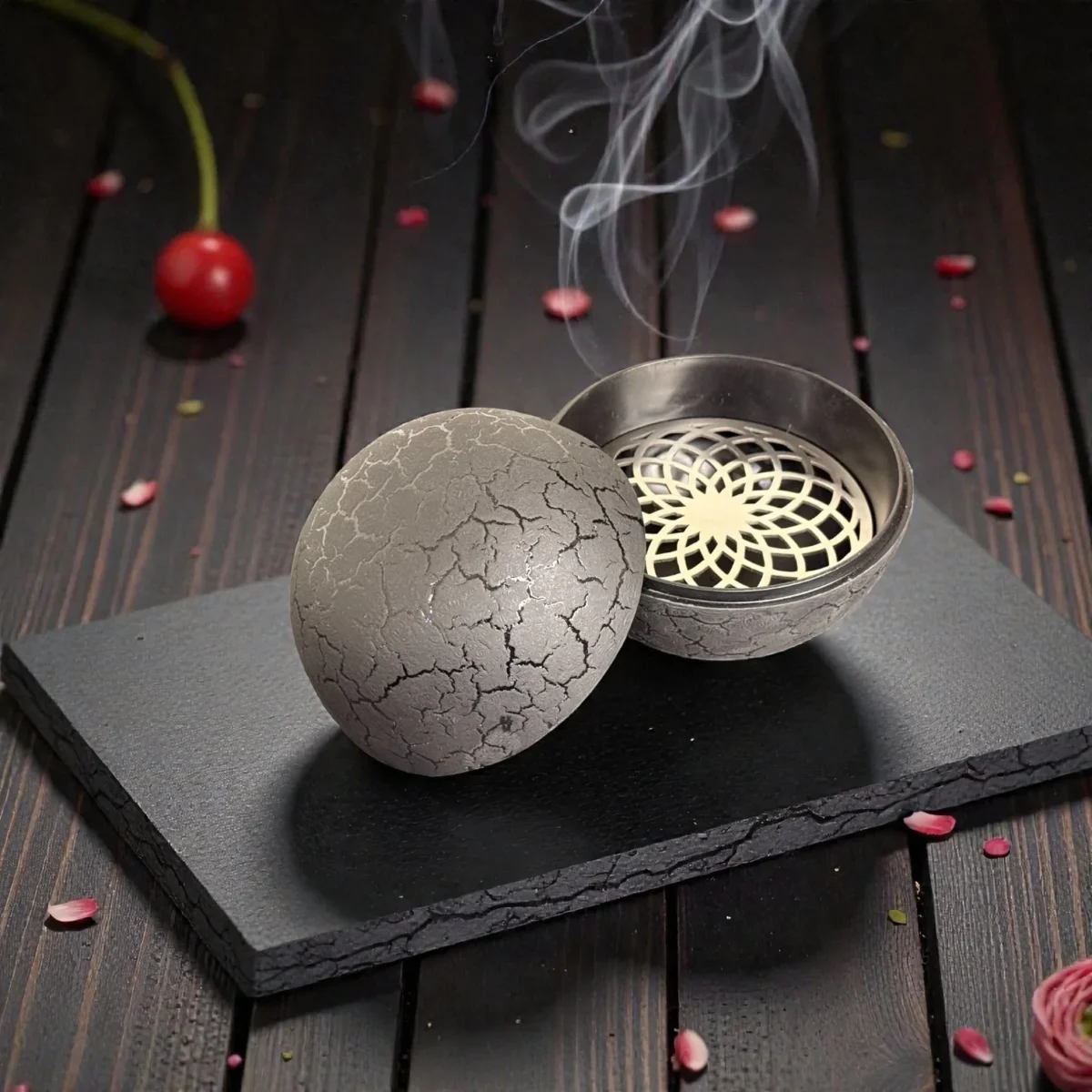 Harmiche VolcanoSphere Dry Ice Presentation Bowl – Textured Aluminium Alloy Base with SS Floral Plate (12cm, 18cm Tall)