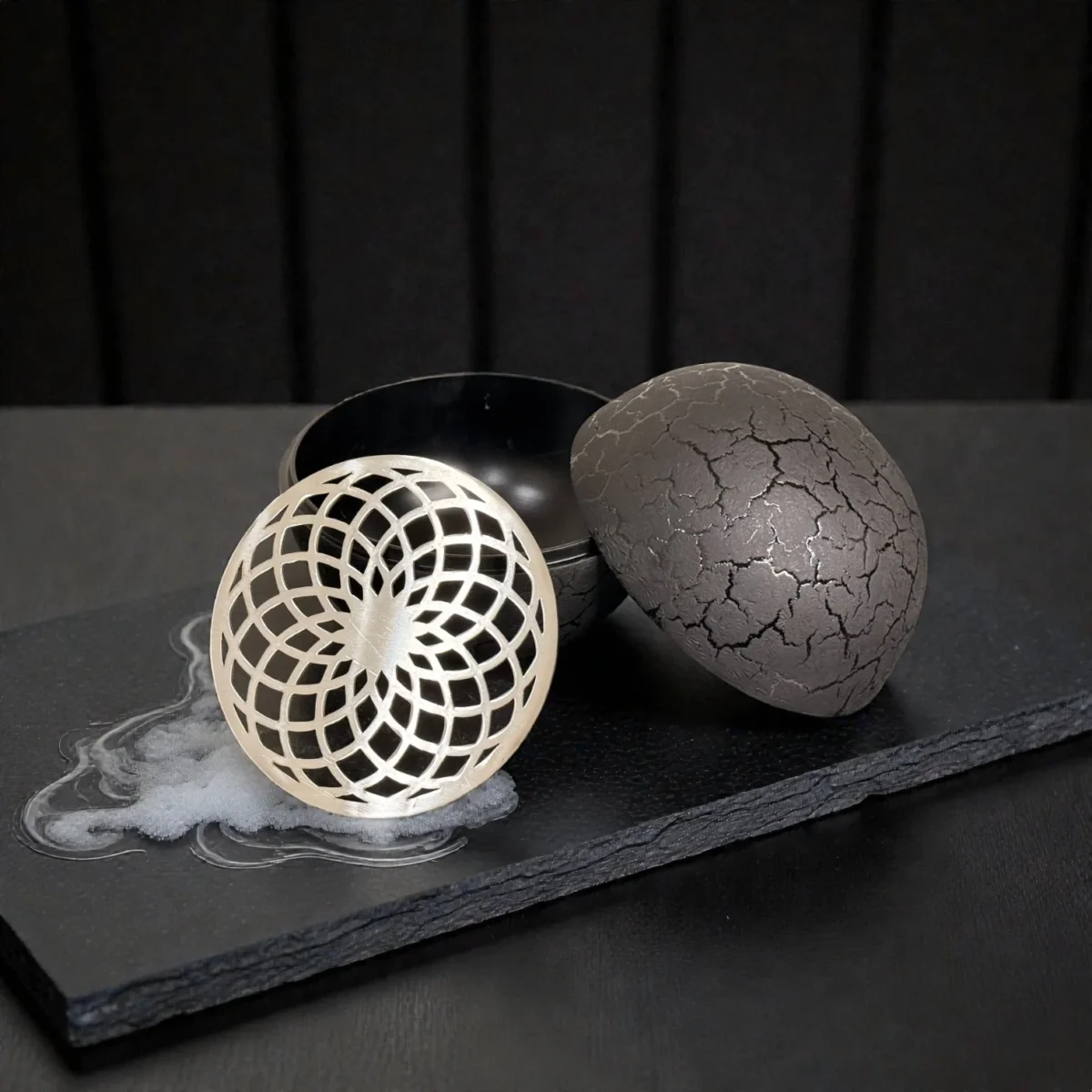 Harmiche VolcanoSphere Dry Ice Presentation Bowl – Textured Aluminium Alloy Base with SS Floral Plate (12cm, 18cm Tall)
