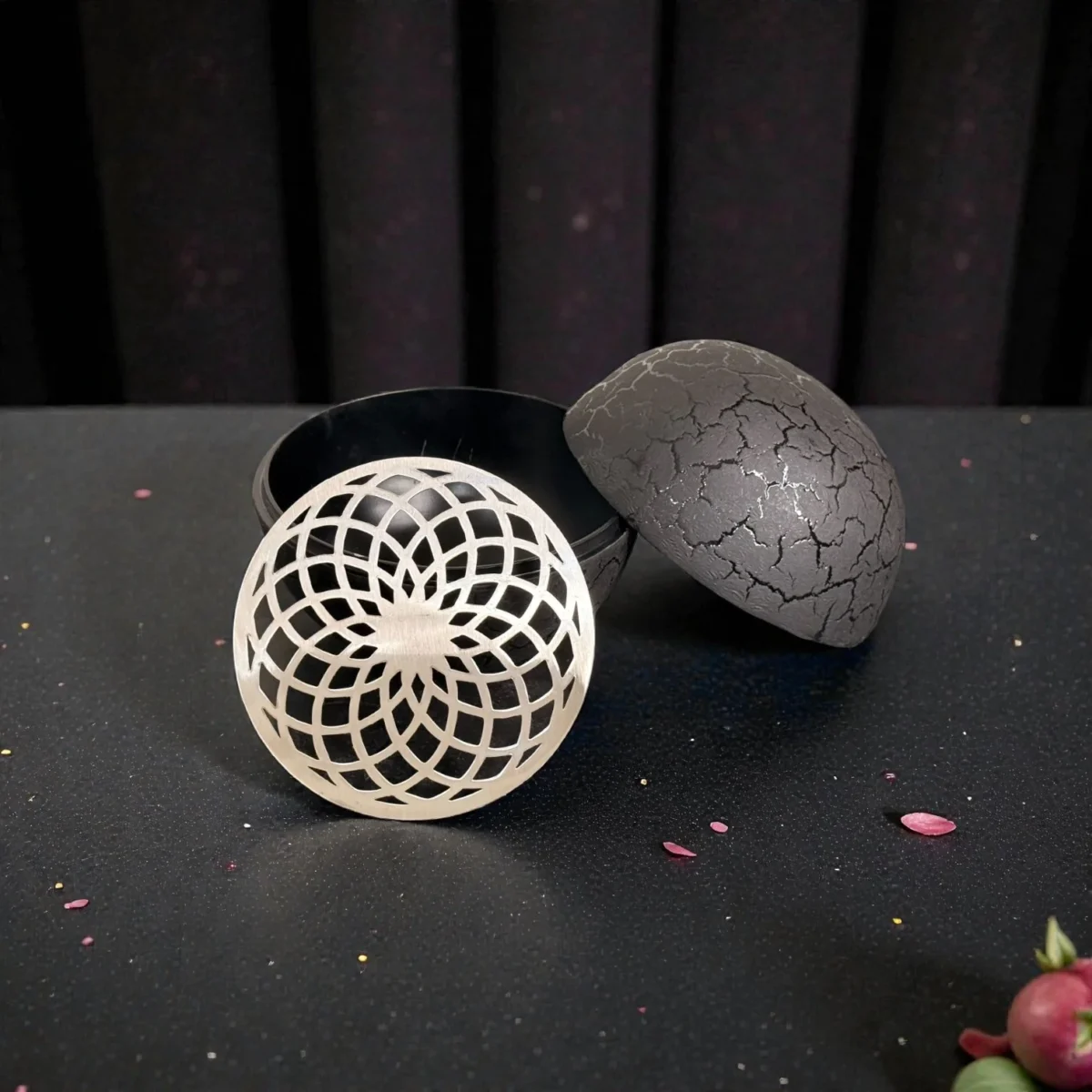 Harmiche VolcanoSphere Dry Ice Presentation Bowl – Textured Aluminium Alloy Base with SS Floral Plate (12cm, 18cm Tall)