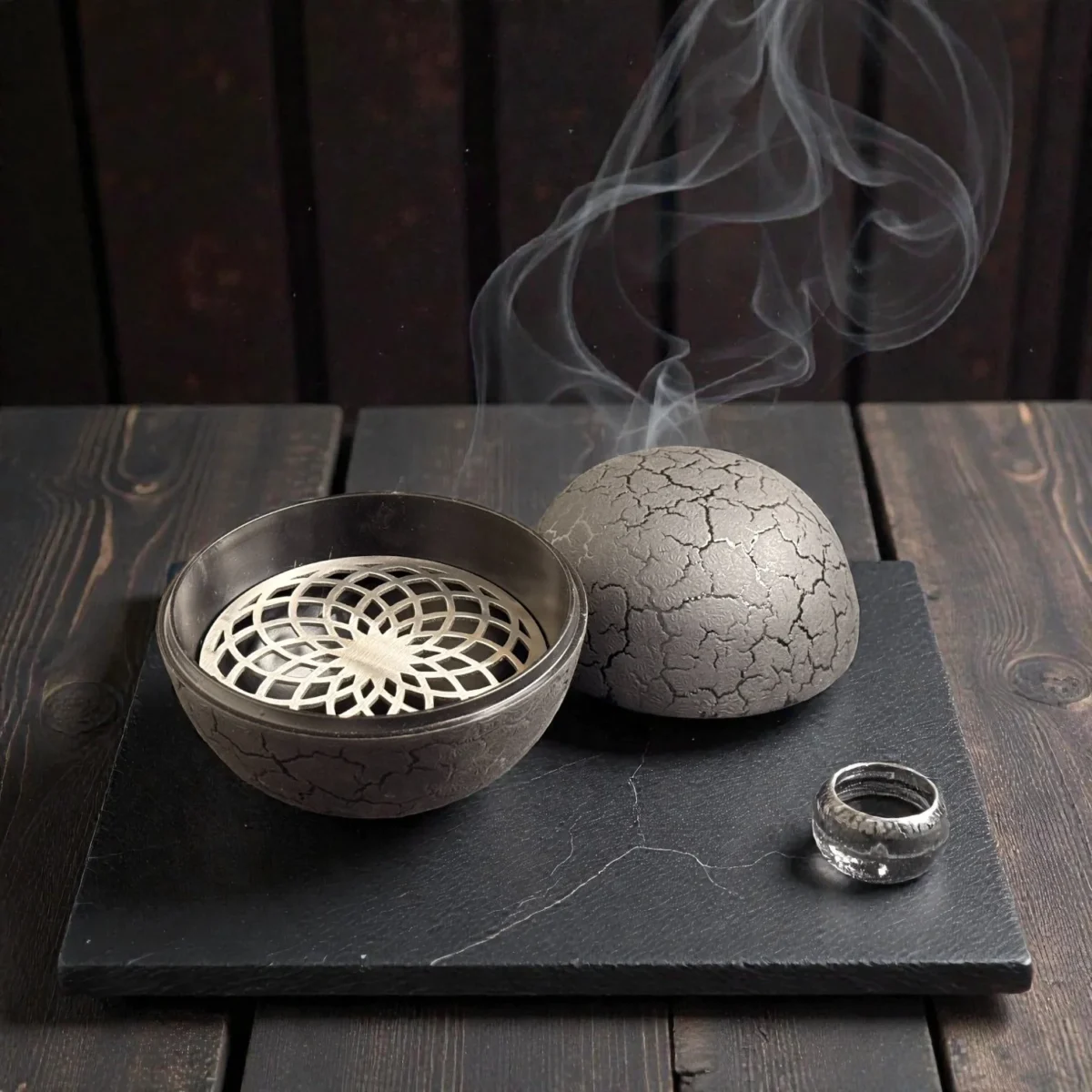 Harmiche VolcanoSphere Dry Ice Presentation Bowl – Textured Aluminium Alloy Base with SS Floral Plate (12cm, 18cm Tall)