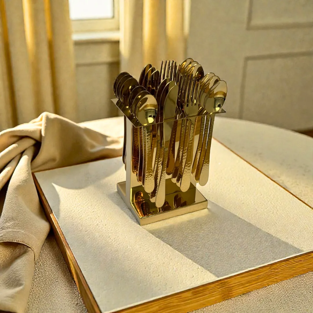 Harmiche Handbeaten Gold Cutlery Set with Stand (24 Pc) Stainless Steel Flatware Set for 6 | Spoons Forks Knives Teaspoons
